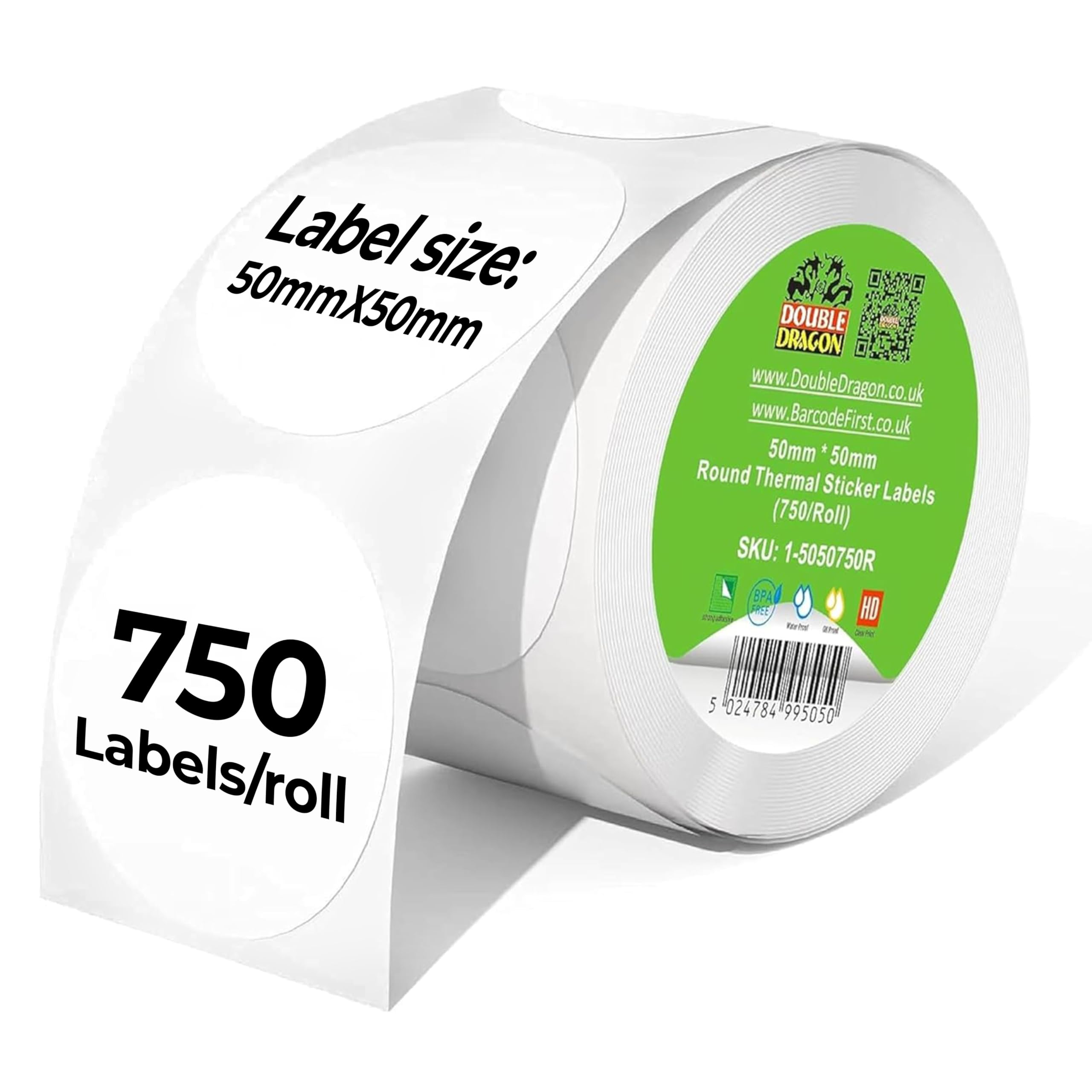Double Dragon Direct Thermal Round Sticker Labels - 50mm, 750 Count Roll, White, Waterproof & Scratch-Resistant 1