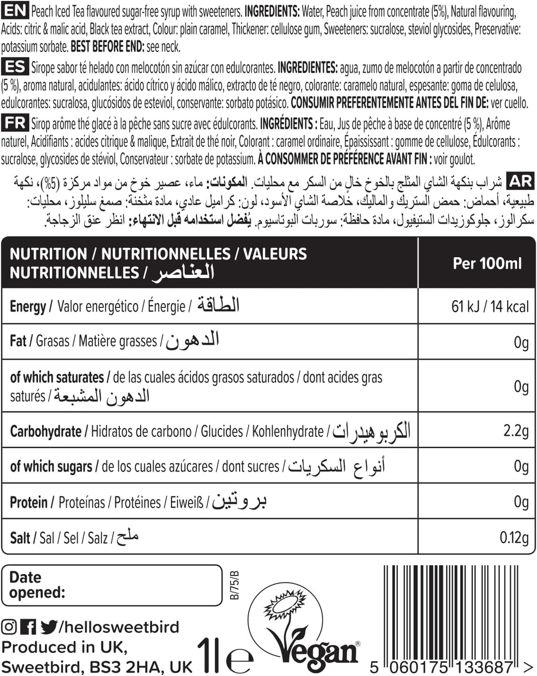 Sweetbird - Sugar-Free Peach Iced Tea Syrup (1 Litre)