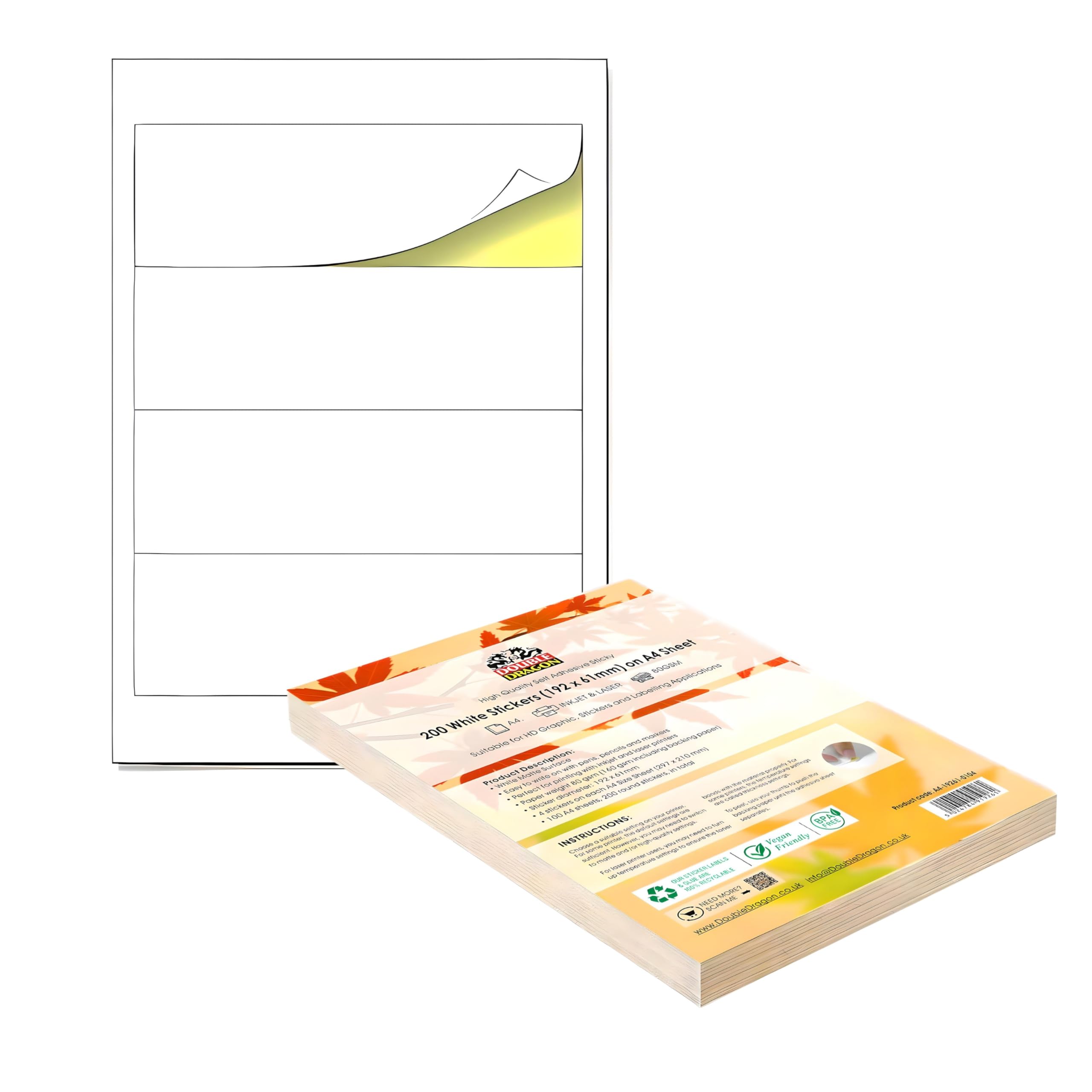 Double Dragon Printer Labels - 200 Self Adhesive Labels, 192x61mm, 4 Per A4 Sheet, White Matte