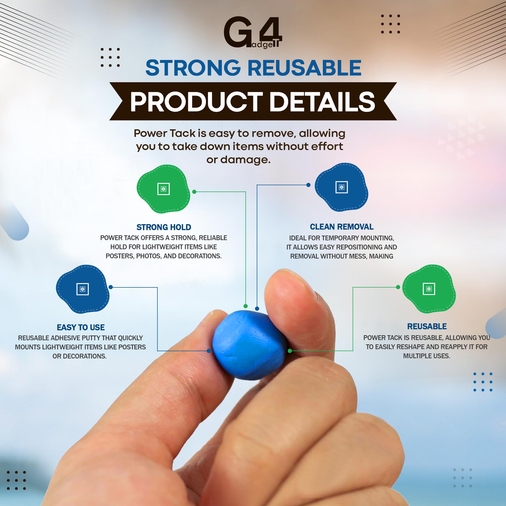 G4GADGET Power Tack Blue Adhesive Putty - Reusable, Non-Marking, Strong Hold | 150g Pack 5