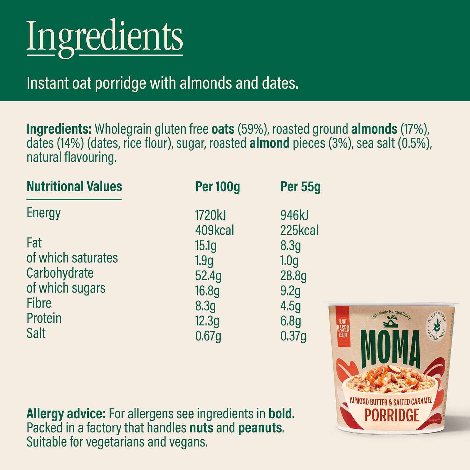 MOMA Almond Butter & Salted Caramel Instant Porridge Pot - 55g - Gluten Free, Dairy Free, Vegan Oat Breakfast 6