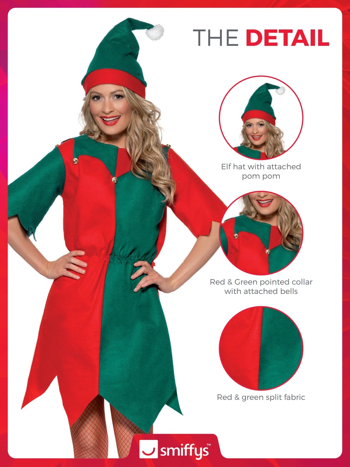 Smiffys Women's Elf Costume - Festive Tunic with Bells and Hat, Red/Green, Small 5