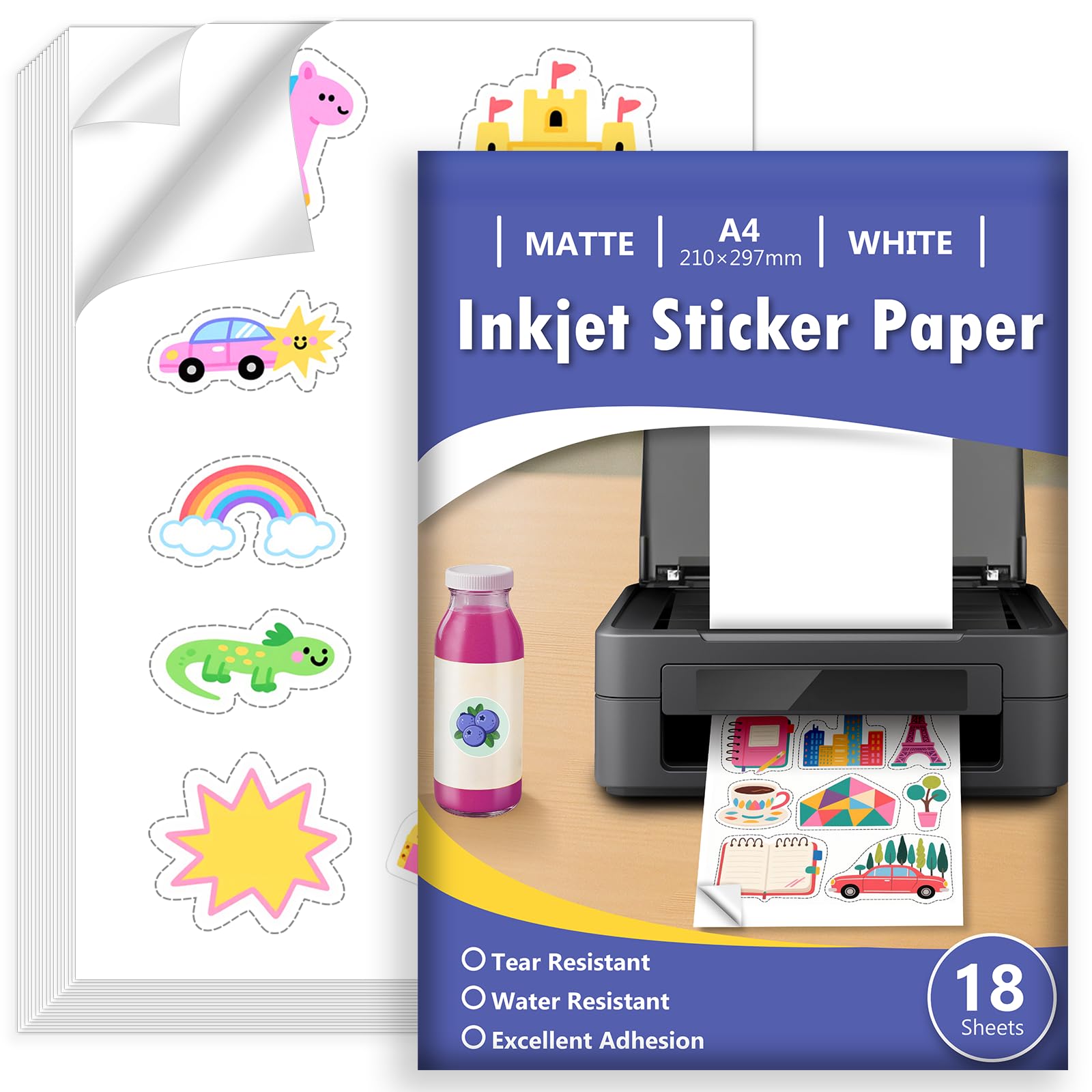 Euqvunn Matte White Inkjet Sticker Paper - A4, Water Resistant, 18 Sheets