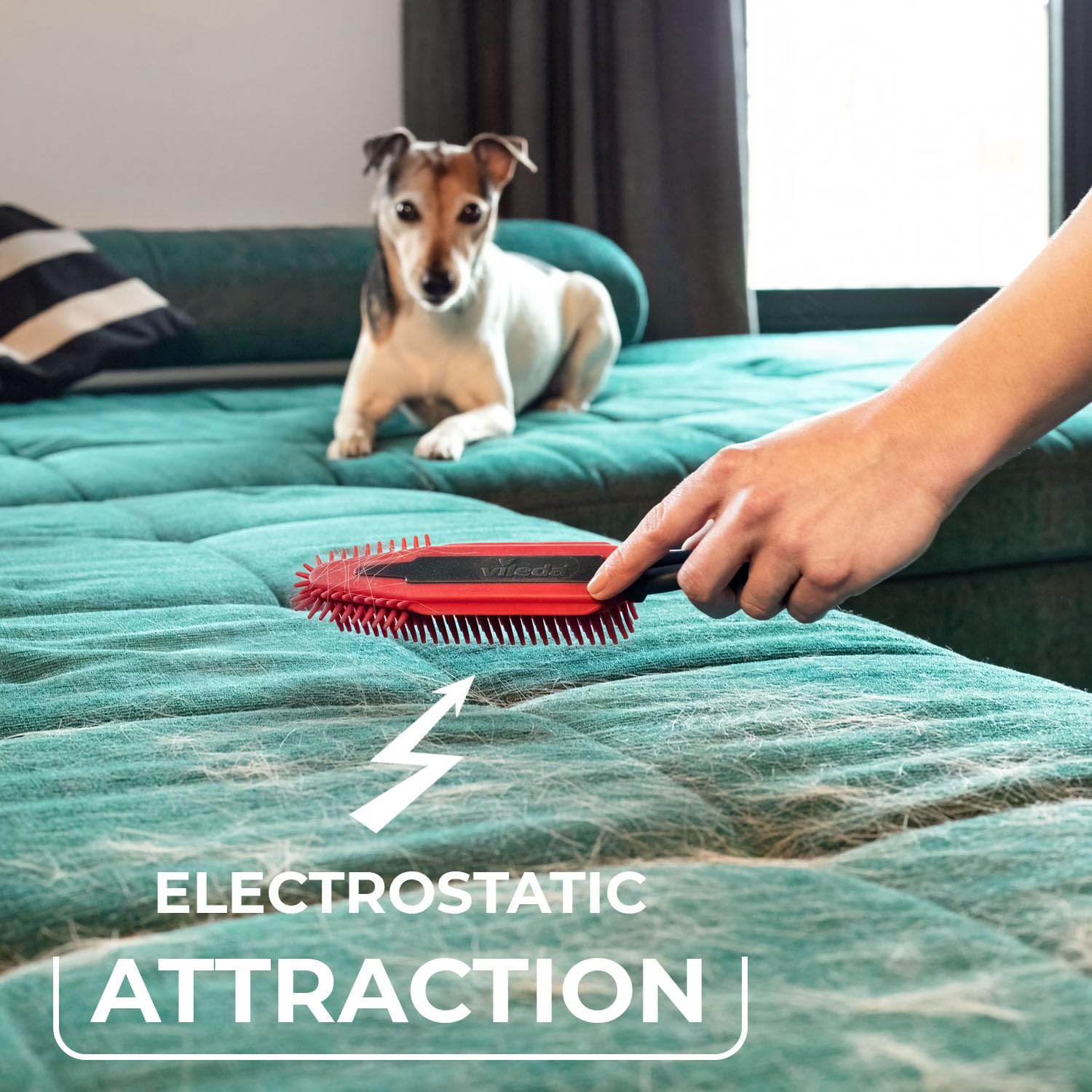 Vileda Pet Pro Electrostatic Brush - Silicone, Red/Grey, Ideal for Pet Hair Removal from Carpets & Upholstery 2