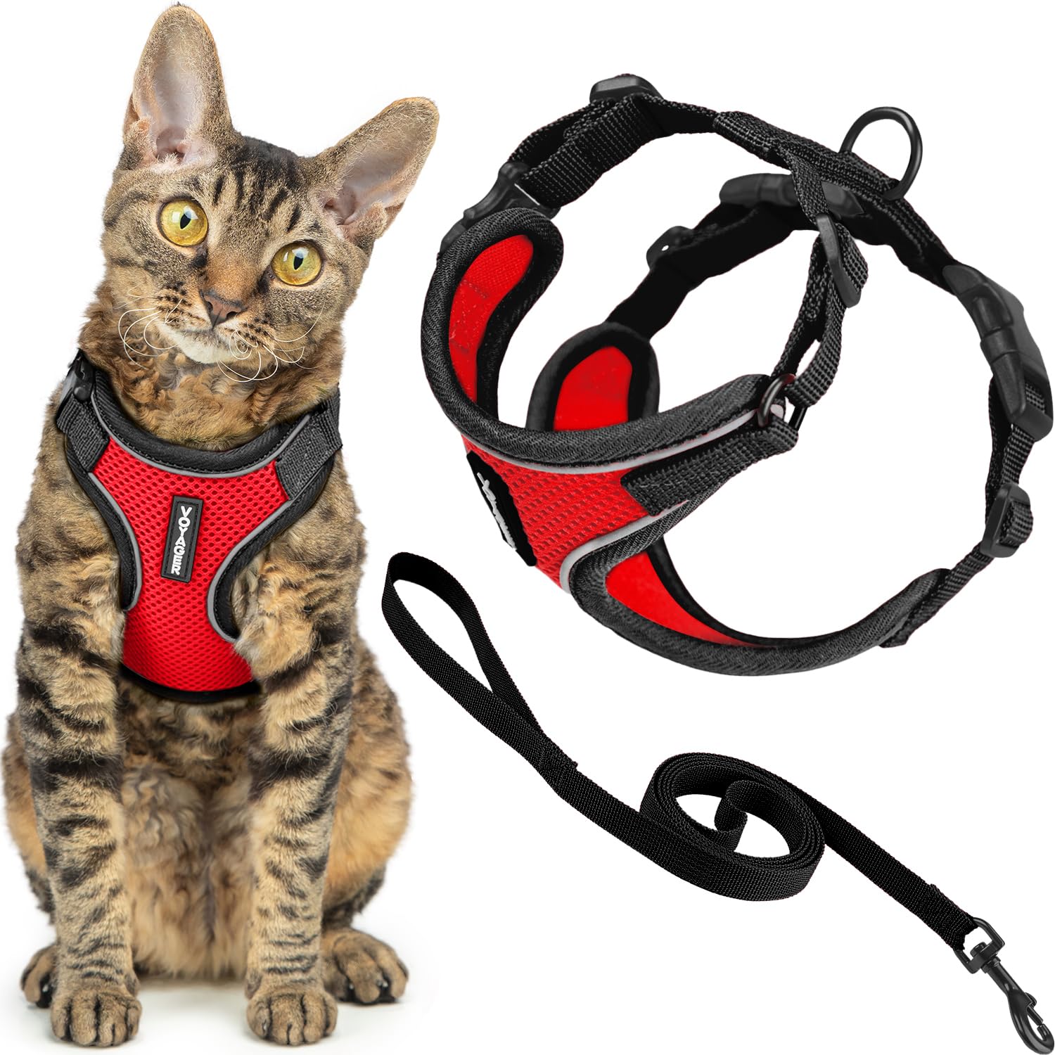 Best Pet Supplies Voyager Escape Proof Cat Harness and Leash Set - Reflective Stitching, All-Weather Air Mesh | XXS Size | Black Trim-Red