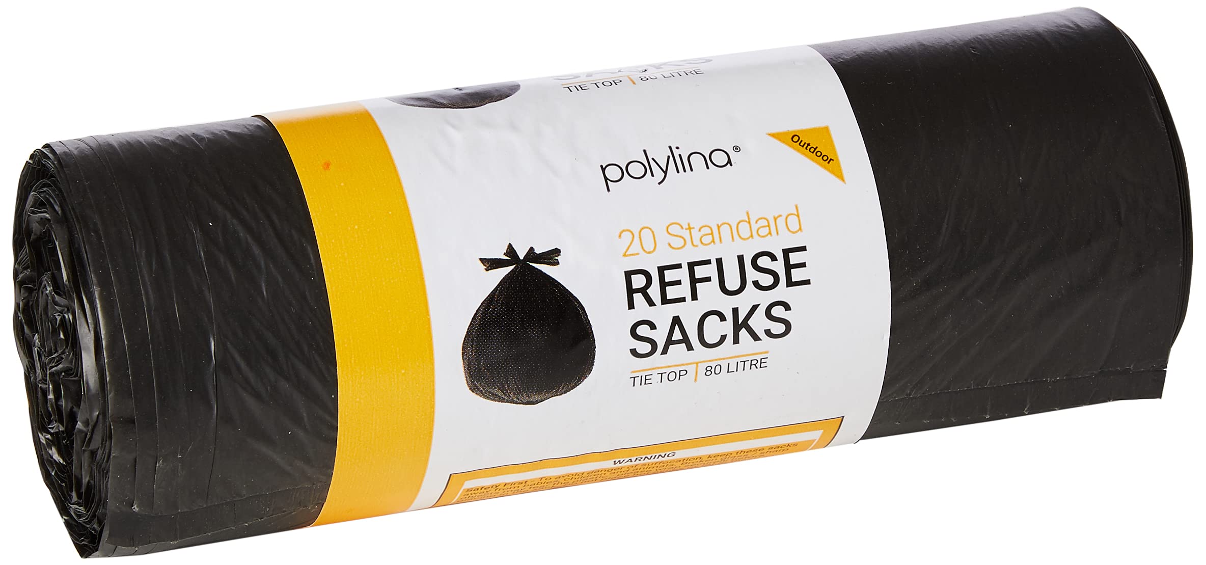 Polylina 80 Litre Tie Top Refuse Sacks Bin Bags, Black, Recycled Plastic, Pack of 20 1