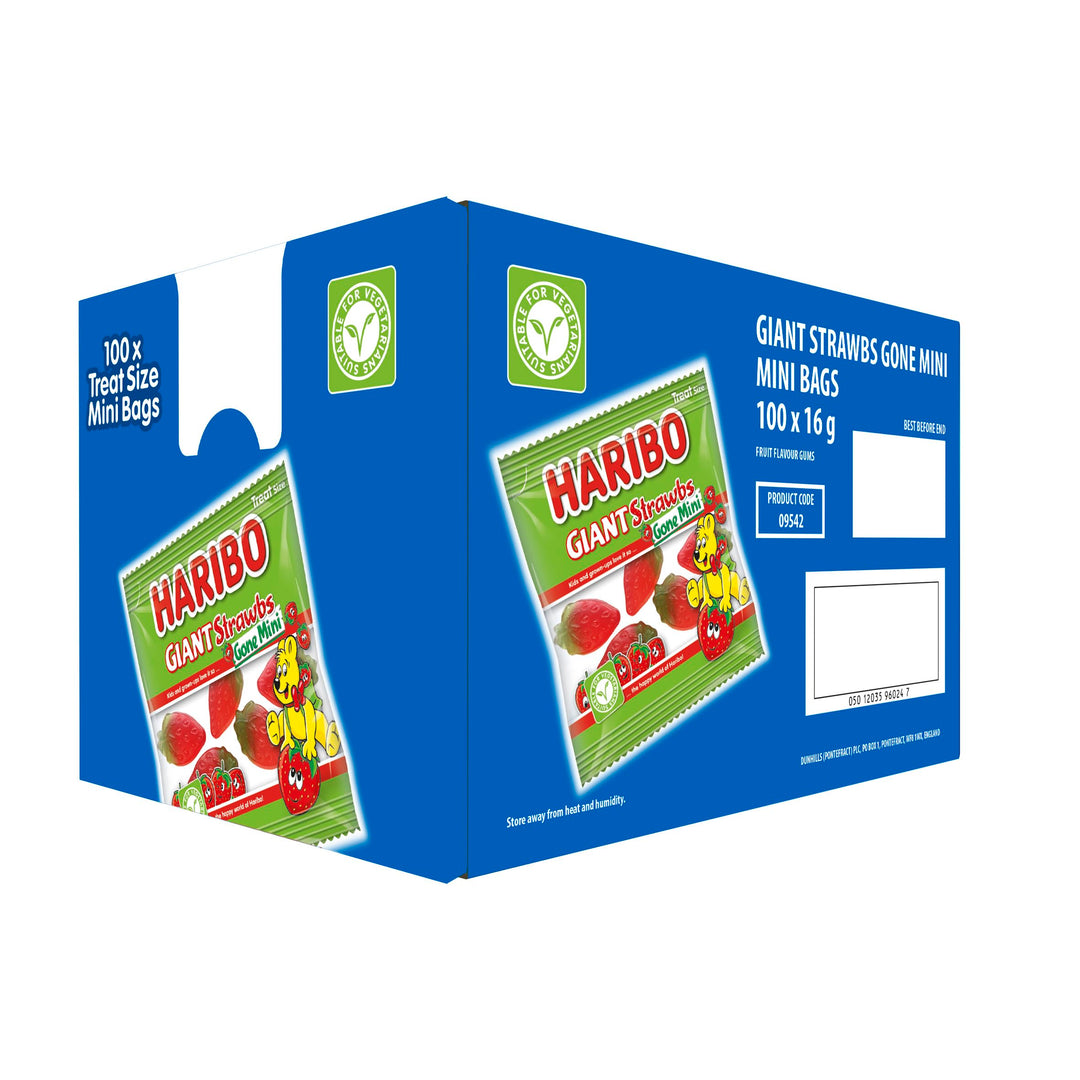 HARIBO Giant Strawbs Gone Mini Fruit Sweets - 100 Mini Bags