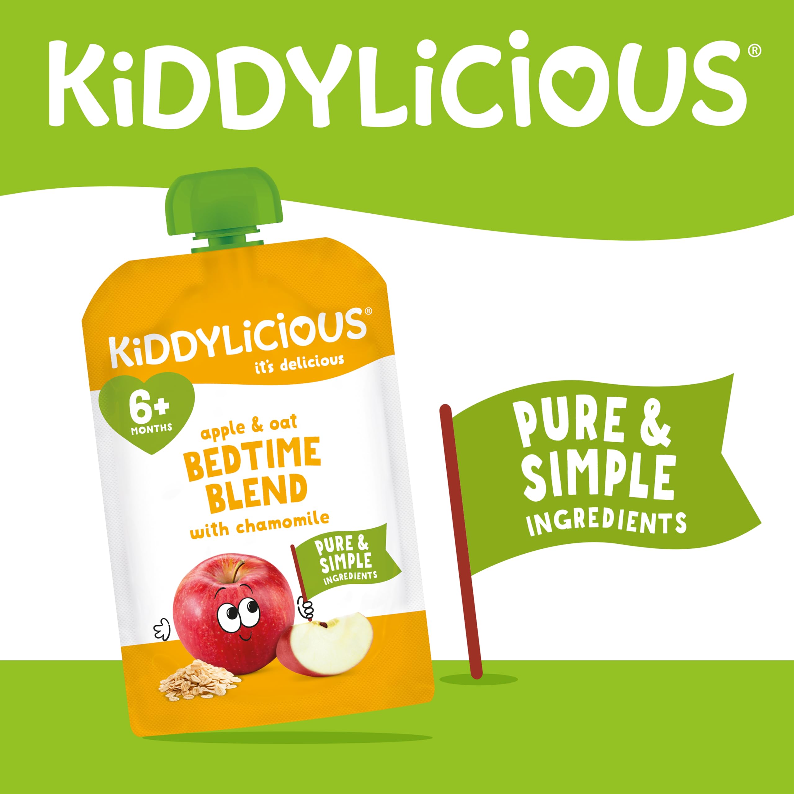 Kiddylicious Bedtime Blend Apple, Oat & Chamomile Fruit Pouches - 6 Count, 100g Each
