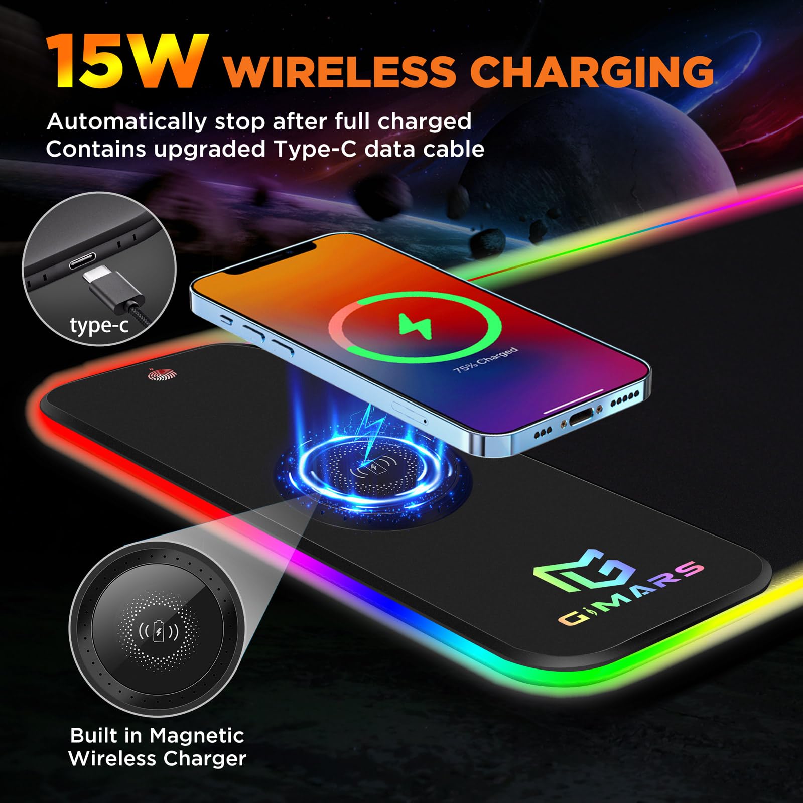 Gimars RGB Gaming Mouse Pad with 15W Wireless Charging, XL 800x300mm Micro Woven Fabric Mat 4