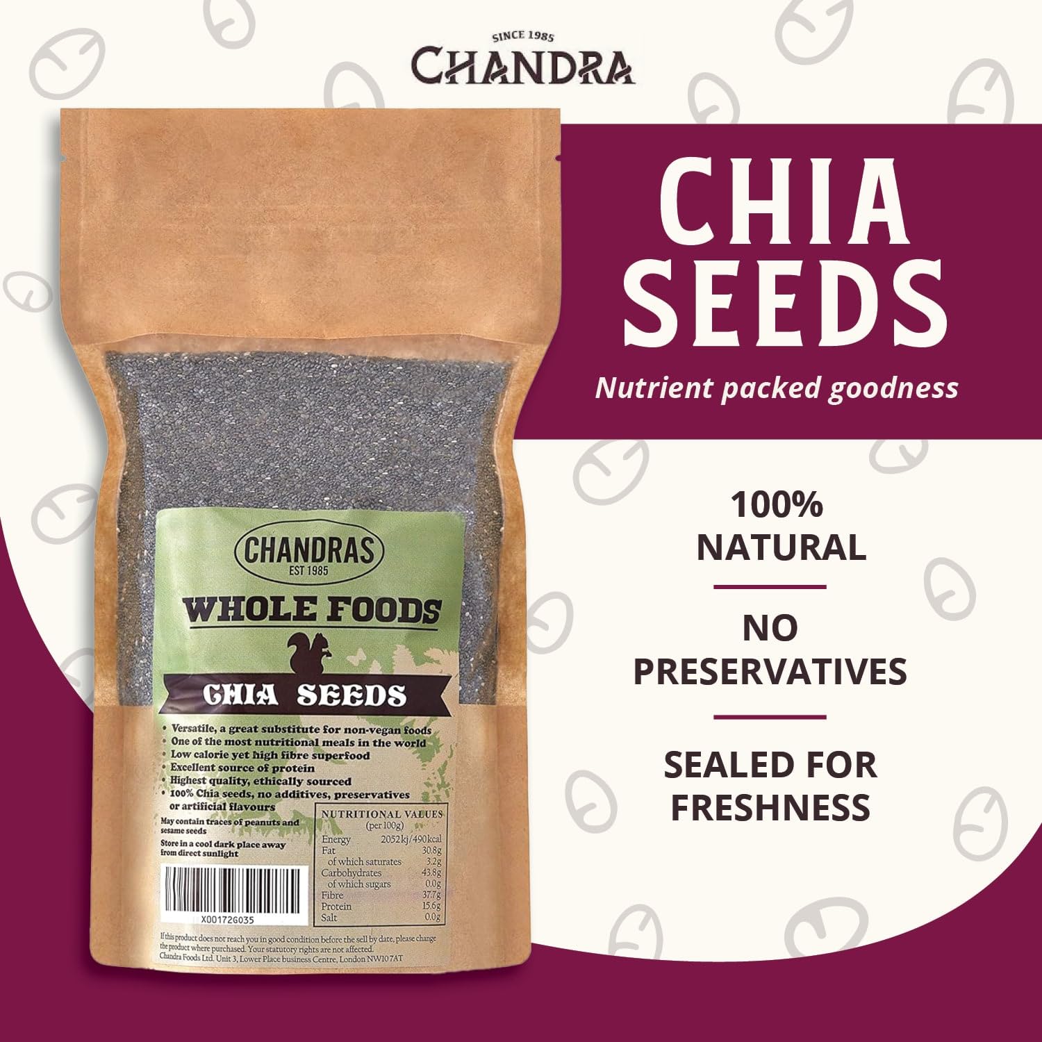 CHANDRA Whole Foods Raw Black Chia Seeds - 1KG Pack | High Fibre, Low-Carb | Resealable Bag 2