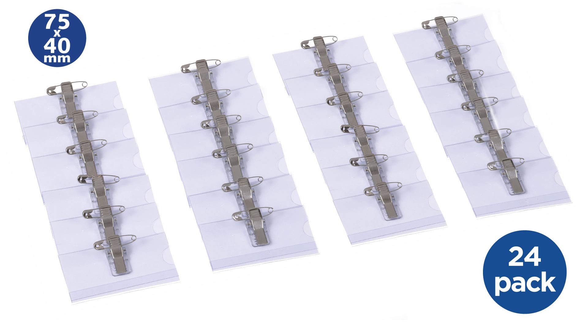 EUROPEL Name Badge Holders with Crocodile Clip, Safety Pin & Blank Card Insert Sheets (Pack of 24) | Horizontal ID Card Holder for School, Colleges, Offices & Corporate Event | 75 x 40 mm, 121260 7