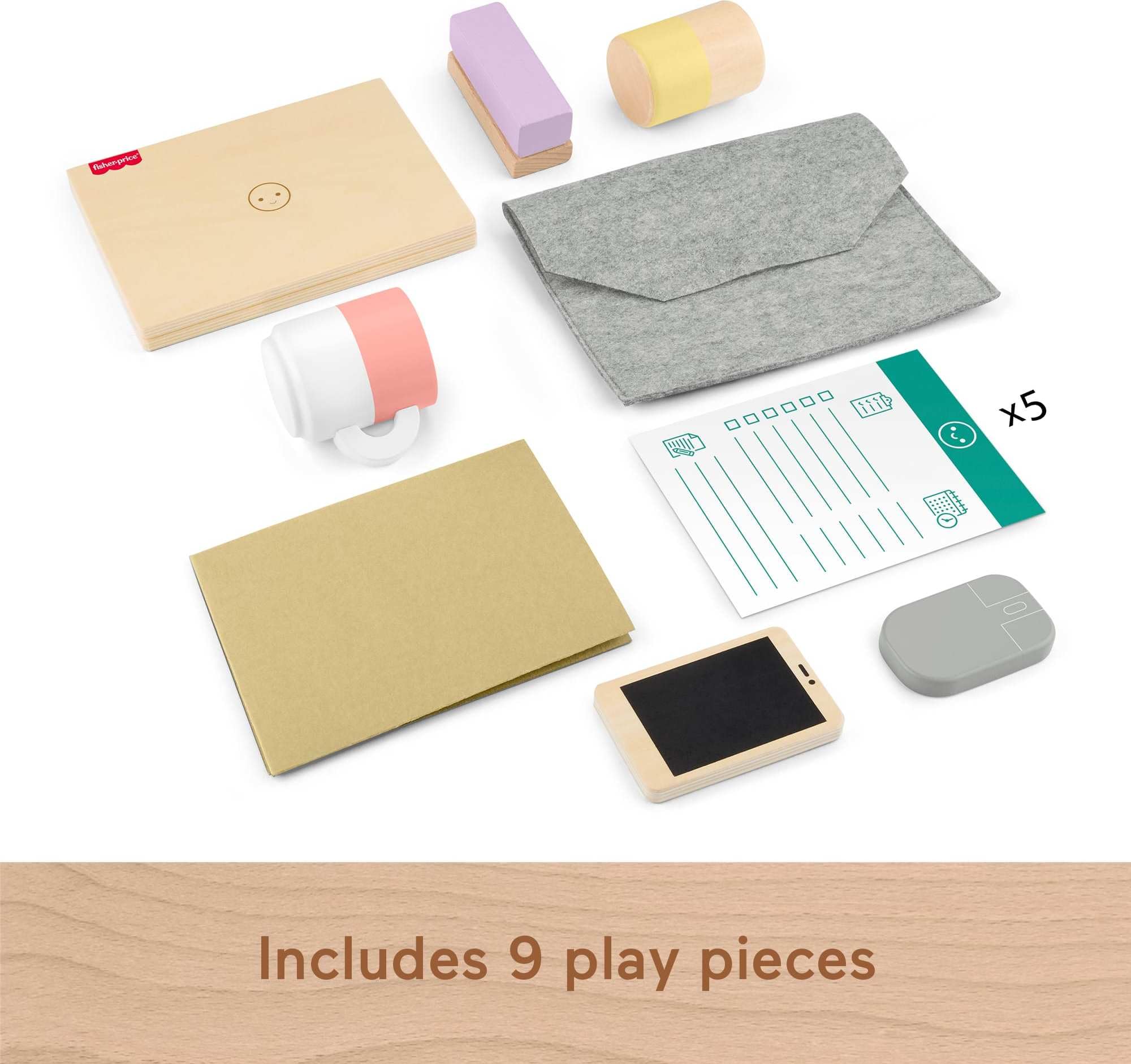 Fisher-Price Wood Pretend Play Work From Home Set, 9-Piece Office Playset 2