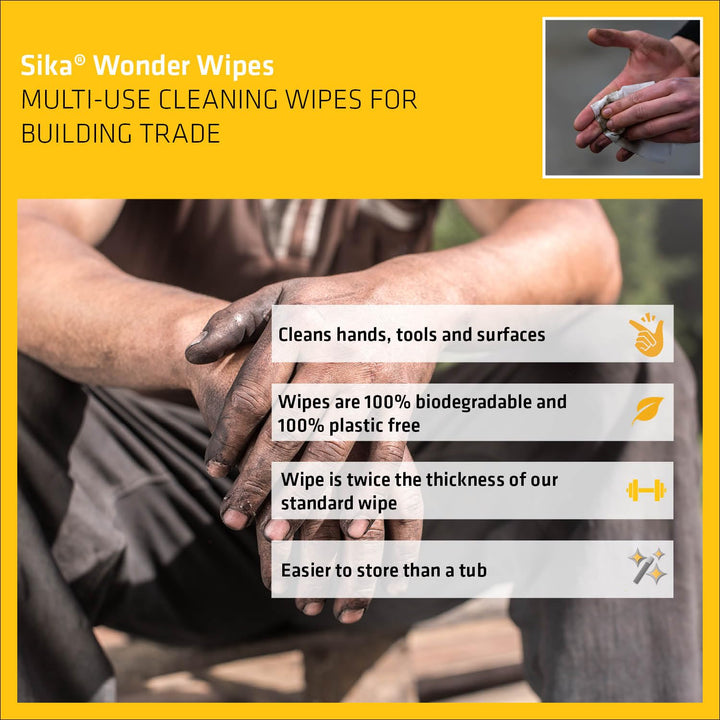Sika Biodegradable Wonder Wipes - Multi-Use Cleaning Wipes for Hands, Tools & Surfaces - 60 Pack