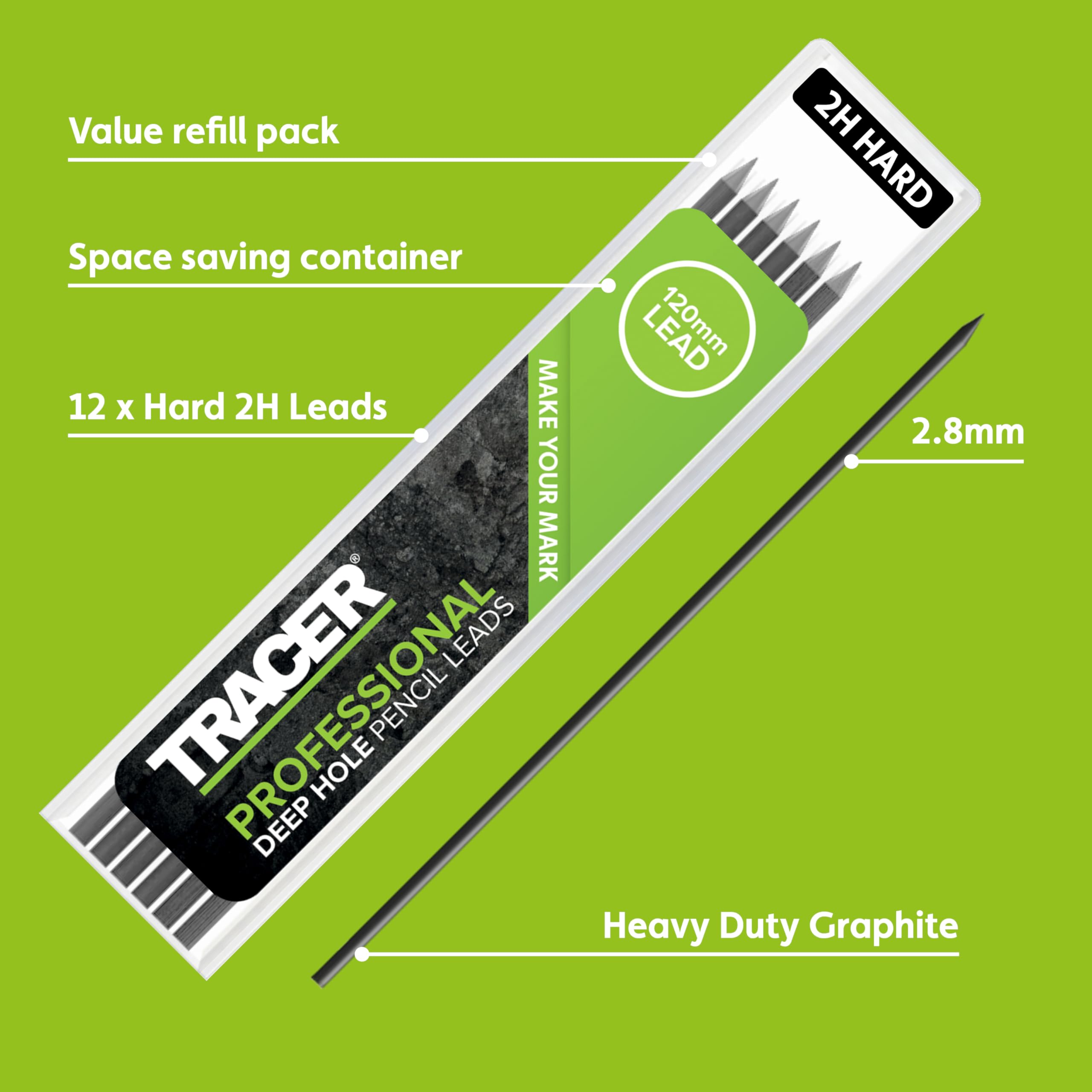 Tracer 2H Hard Replacement Leads - Pack of 12 | 2.8mm Graphite | Compatible with Deep Hole Pencils