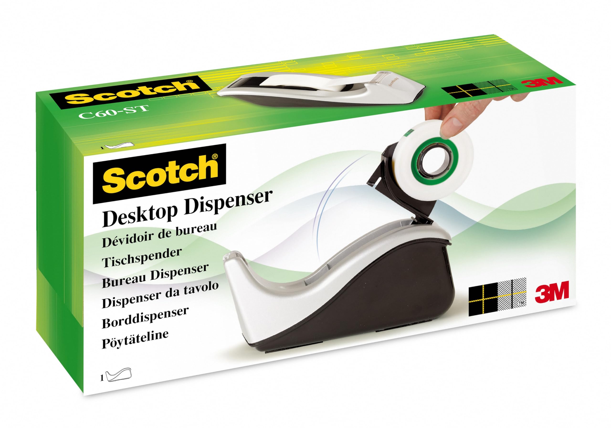 Scotch Tape Dispenser C60 - Weighted Base for One-Handed Use | Includes 1 Roll Magic Tape 19mm x 33m 8
