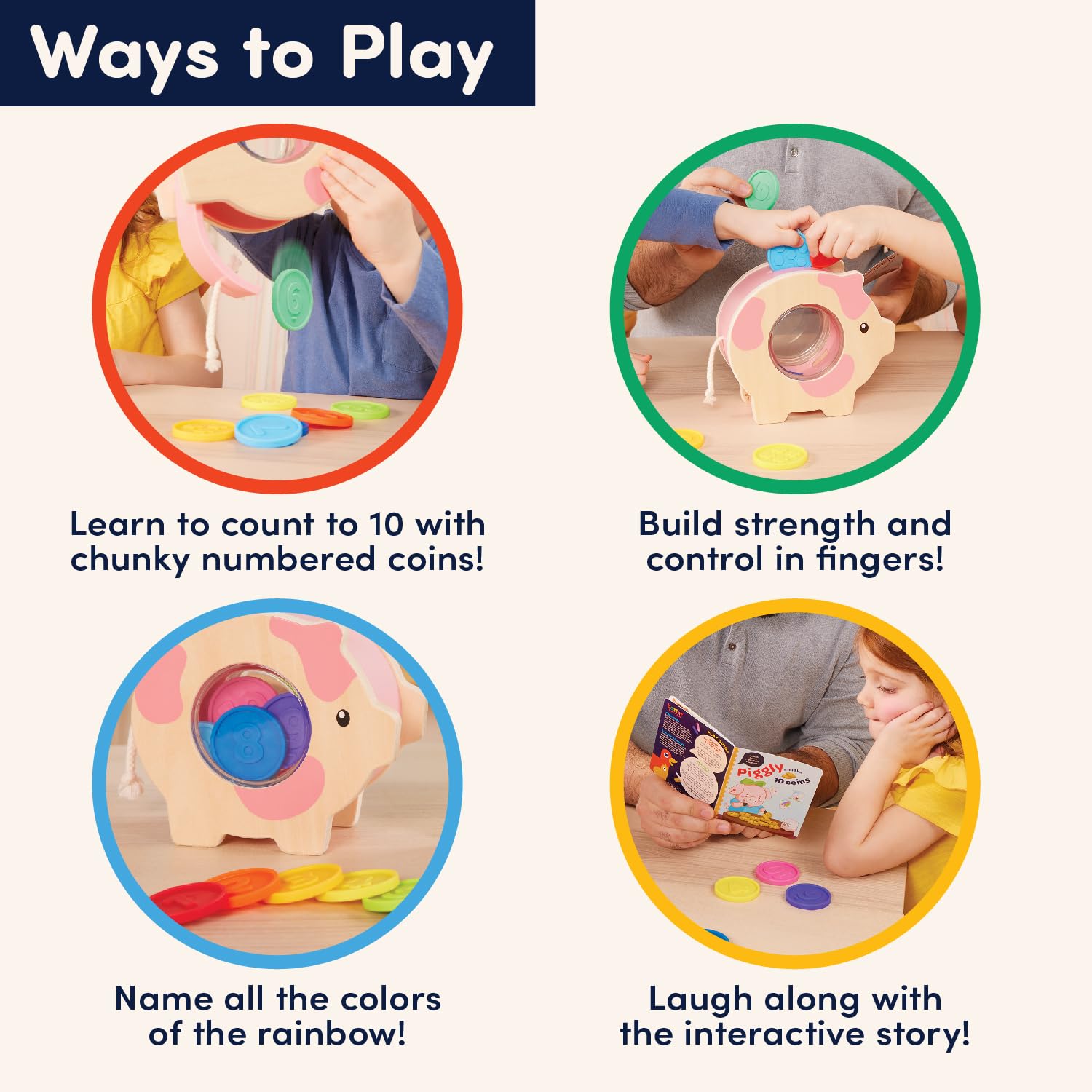 Battat Education Wooden Piggy Bank - Counting & Fine Motor Skills Toy | Ages 18 Months+ 4