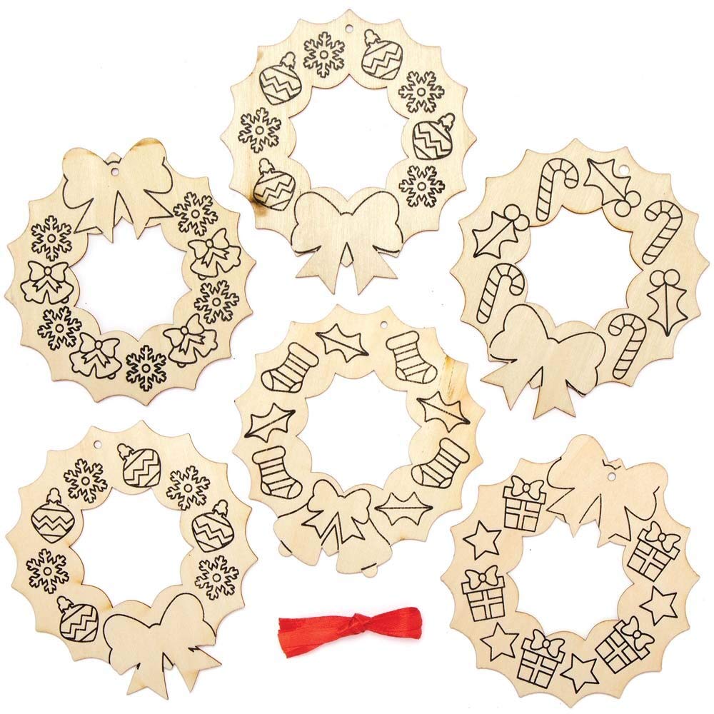 Baker Ross Christmas Wreath Wooden Decorations - Pack of 10, Kids Christmas Craft Kit 2