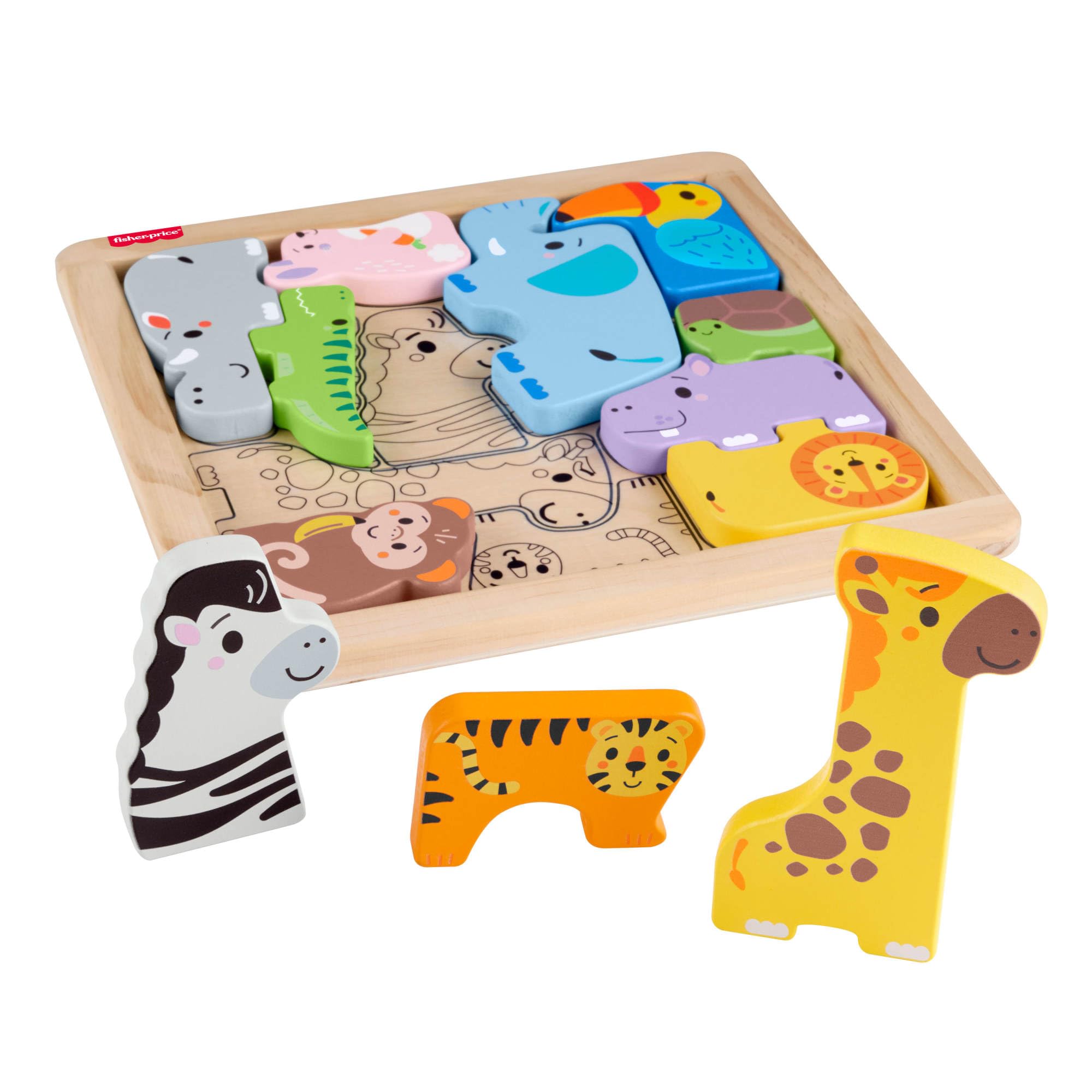 Fisher-Price Wooden Animal Puzzle - 13-Piece Shape-Sorting Activity for Toddlers 2Y+ 1