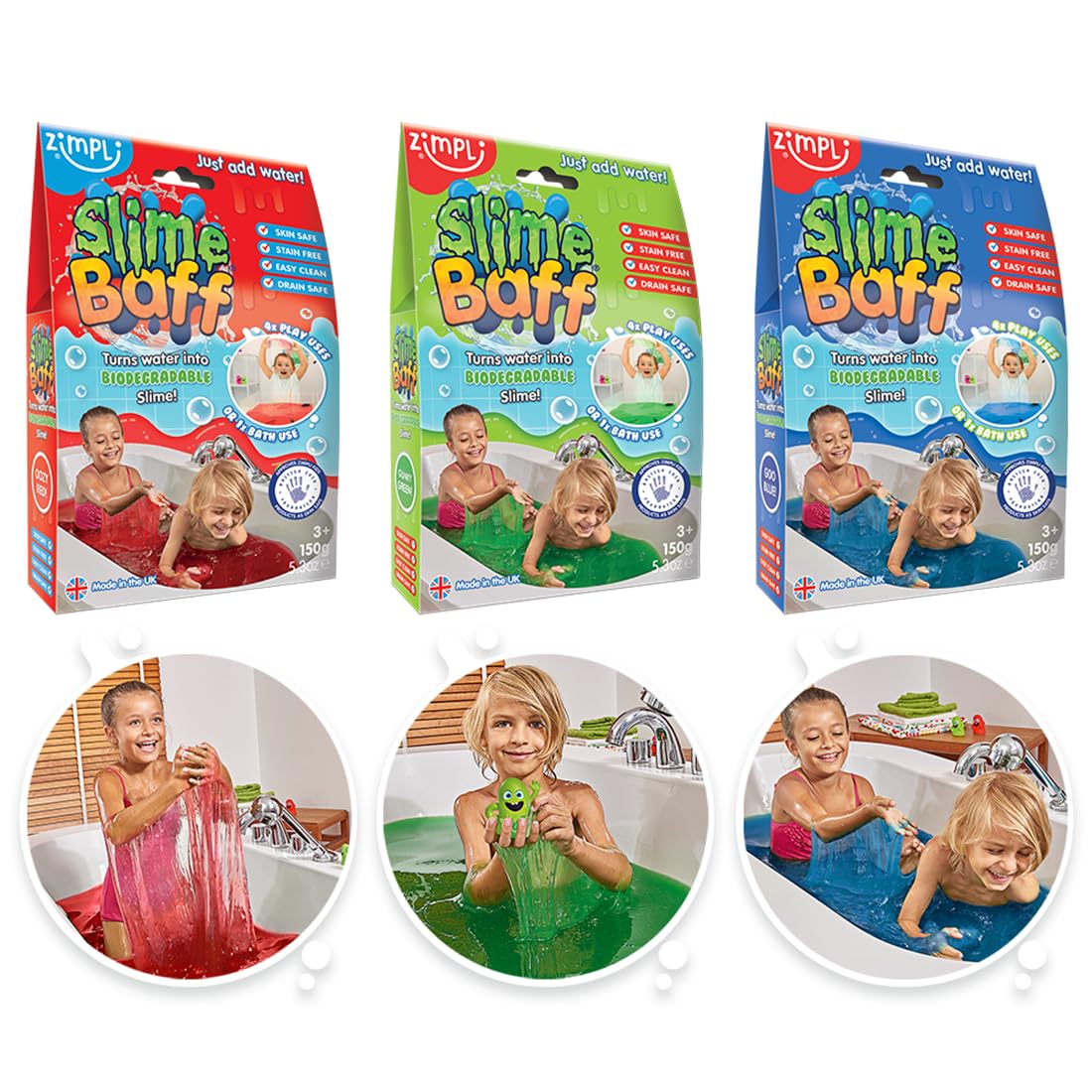 ZIMPLI Slime Baff Bundle - 3 Colors (Red, Green, Blue), Messy Sensory Play for Kids 7