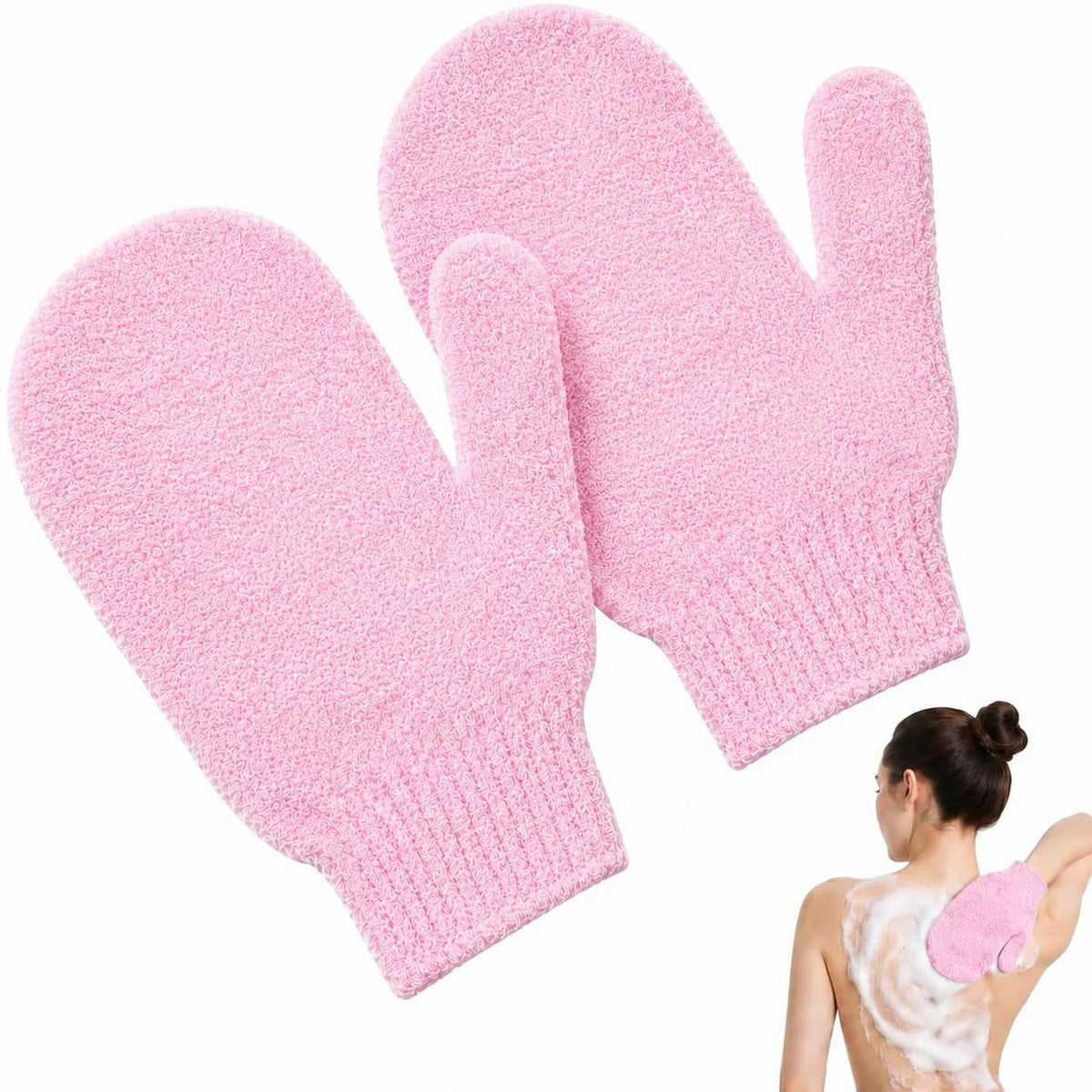 Muexoee Exfoliating Shower Gloves - 2 Pink Body Scrub Gloves