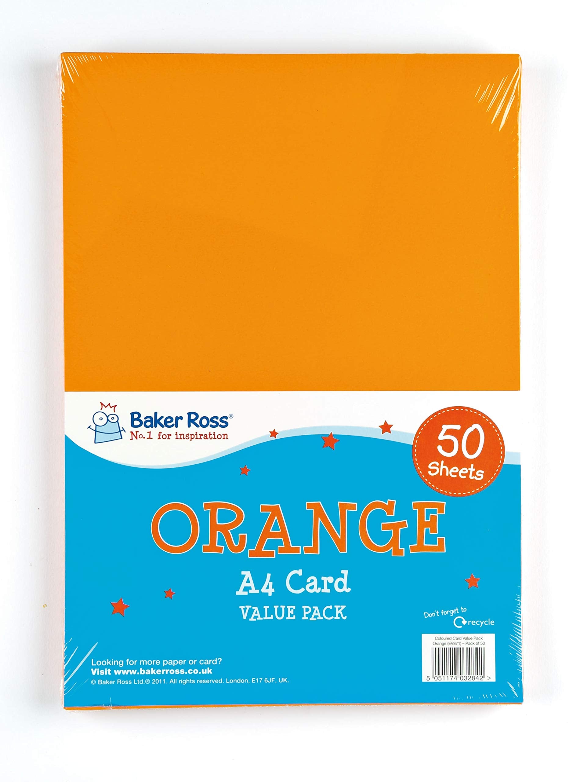 Baker Ross A4 Orange Coloured Card - 220gsm Weight | Pack of 50 Sheets for Crafting