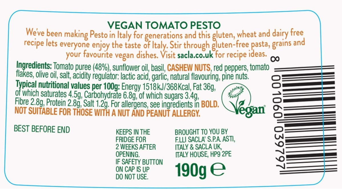 Sacla Free From Tomato Pesto - Vegan, Gluten & Dairy Free - 190g