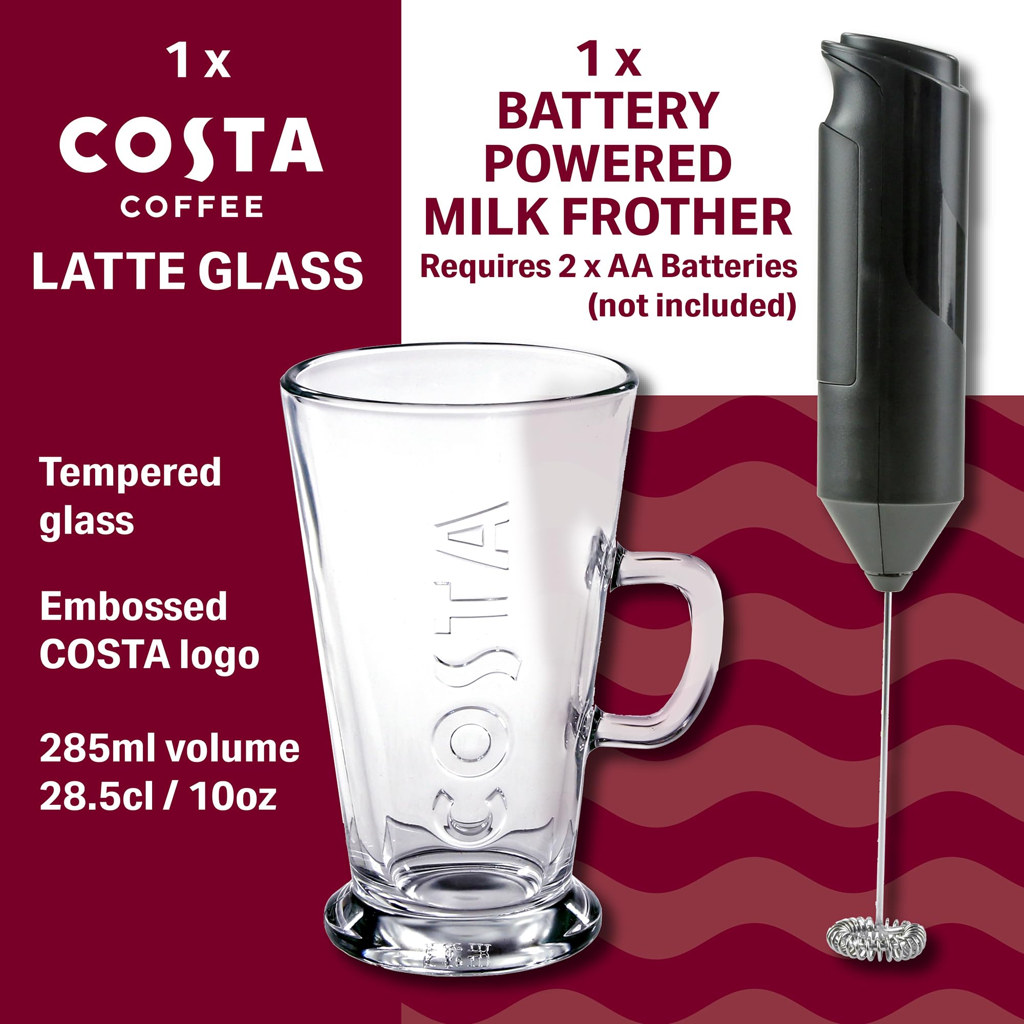 Kimm & Miller Costa Coffee Luxury Gift Set with Latte Glass & Battery-Powered Milk Frother 5