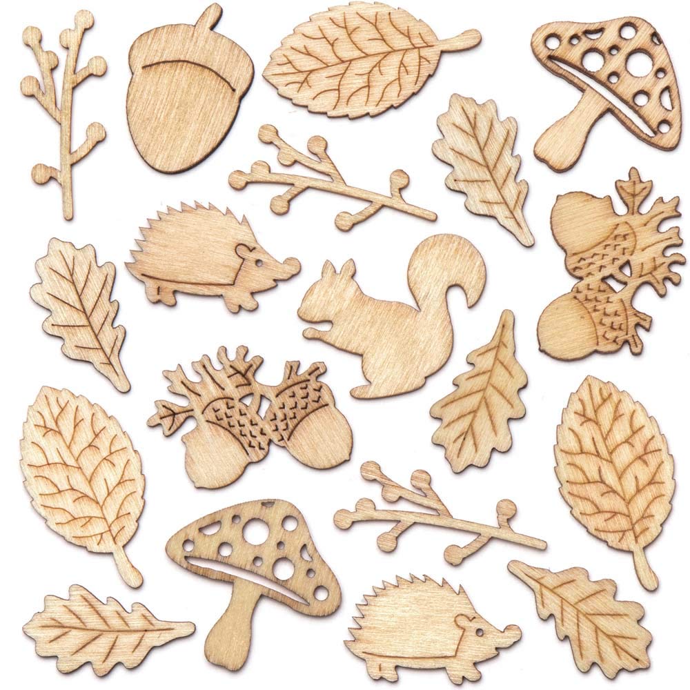 Baker Ross AR938 Autumn Mini Wooden Shapes Craft Kit - 45-Piece Set for Kids 1