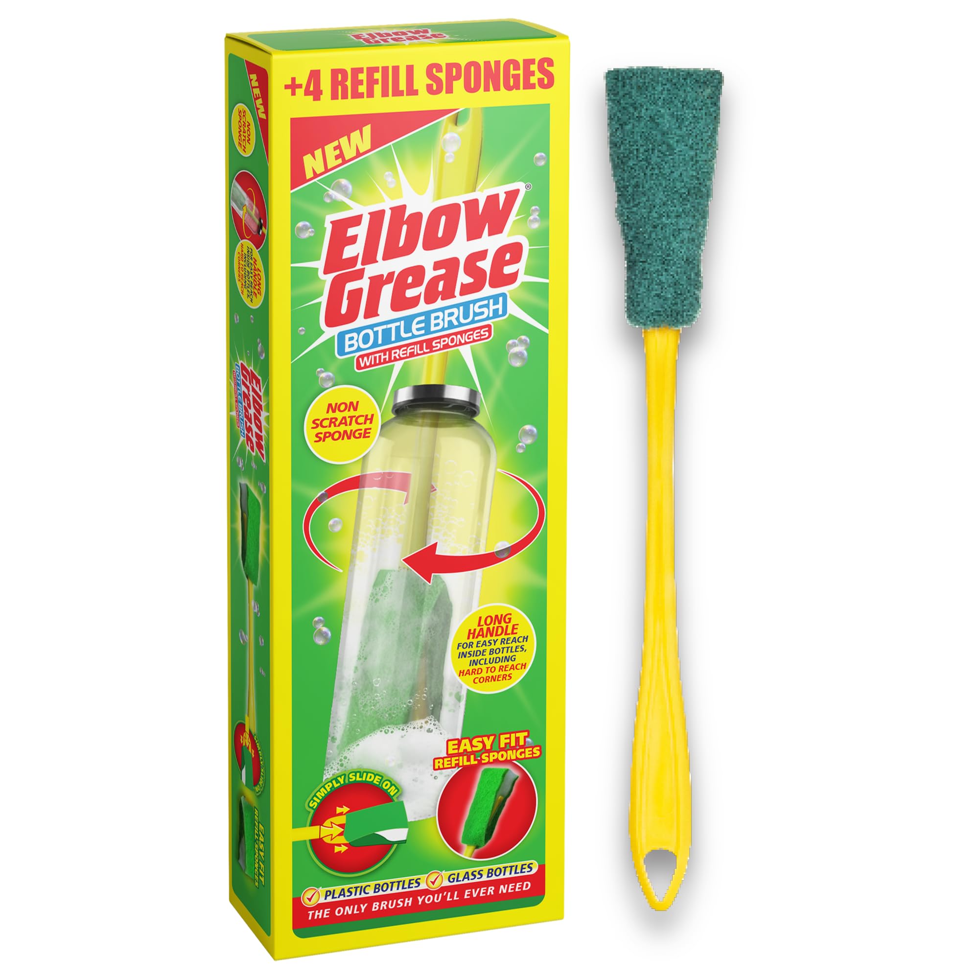 Elbow Grease Bottle Brush with 4 Refill Sponges - Long Handle for Deep Cleaning 1
