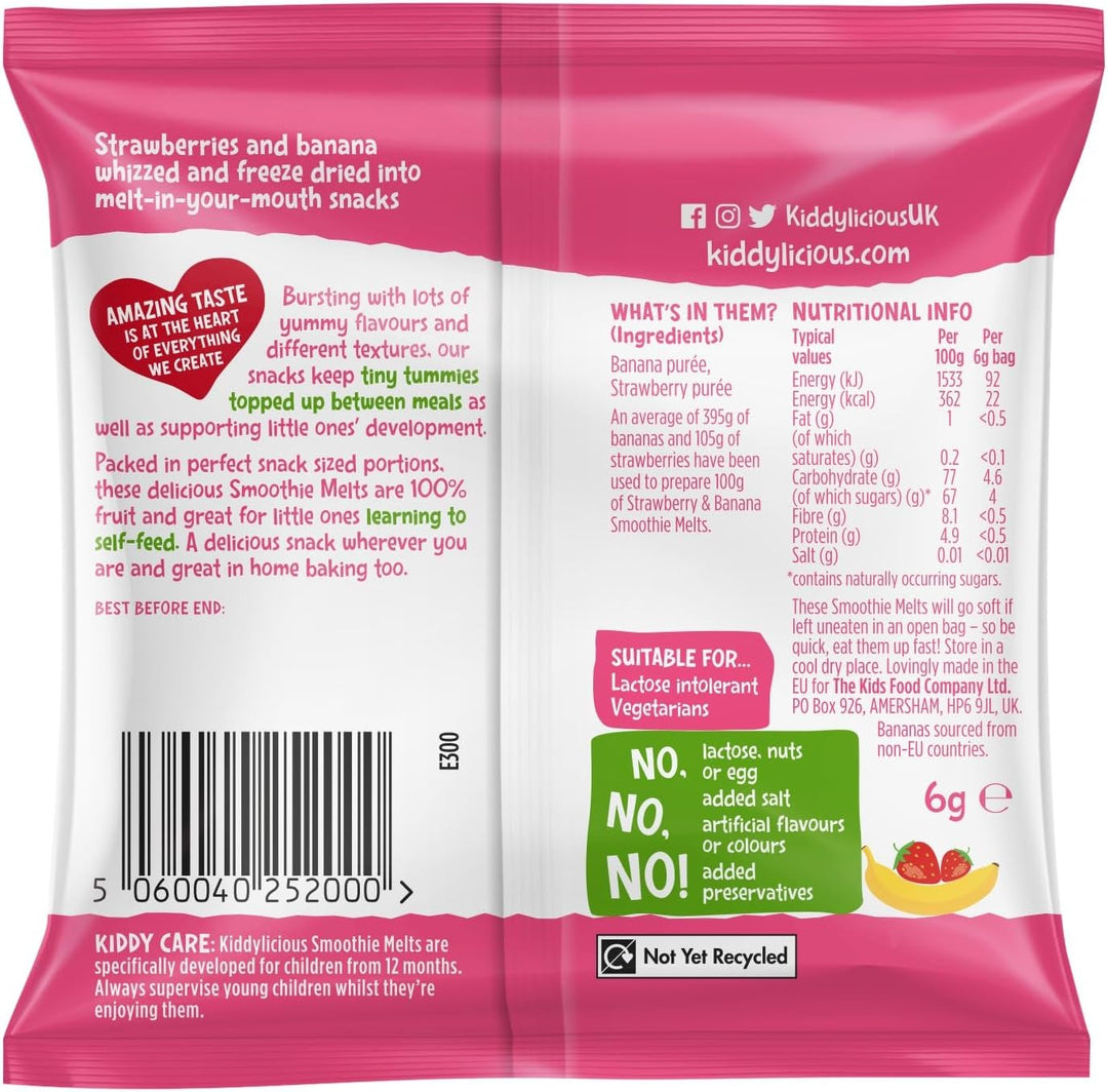 Kiddylicious Strawberry and Banana Smoothie Melts - 16 x 6g Fruit Snacks