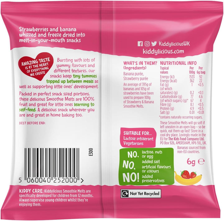 Kiddylicious Strawberry and Banana Smoothie Melts - 16 x 6g Fruit Snacks