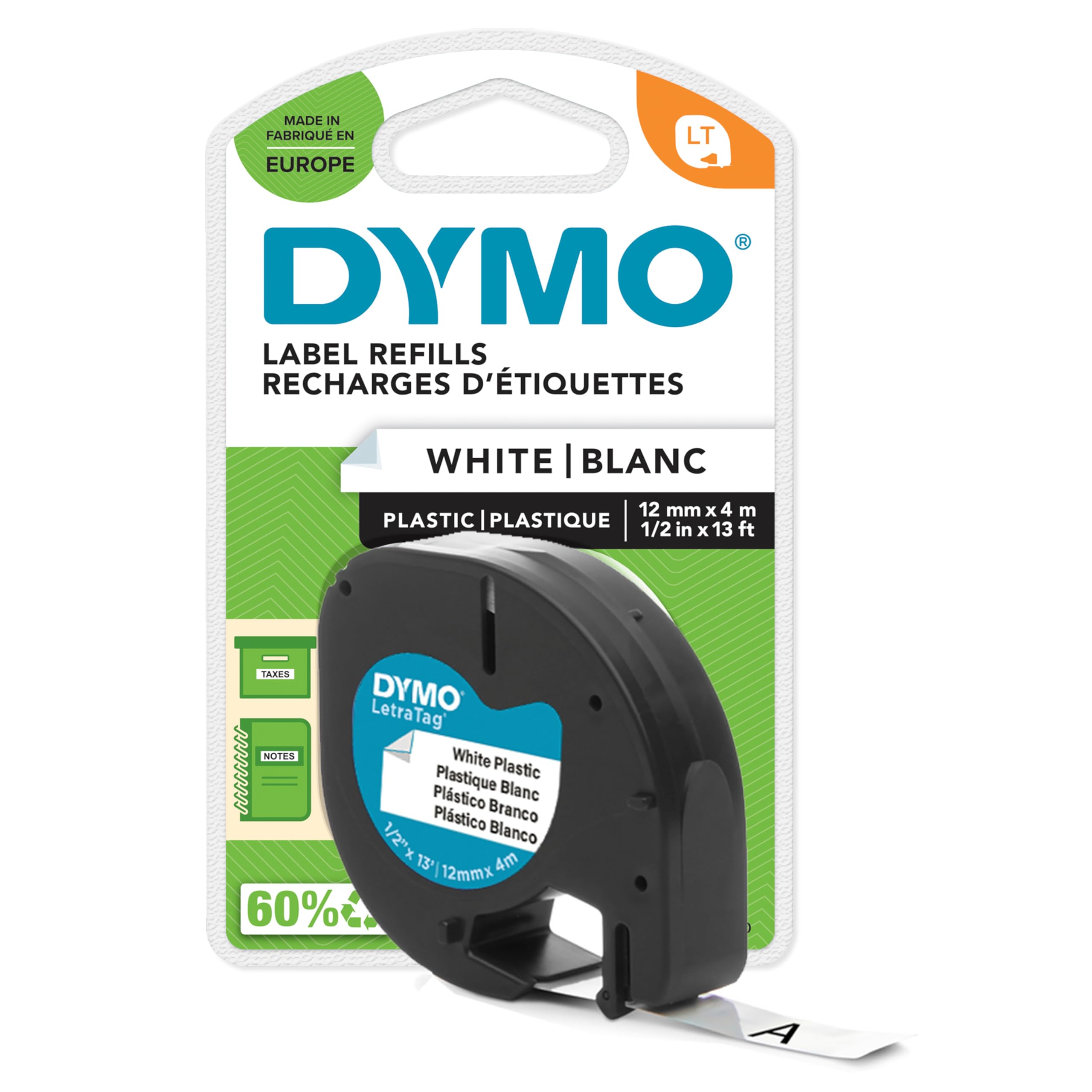 Dymo LetraTag S0721660 Plastic Label Tape - Black Text on White | 12mm x 4m Roll