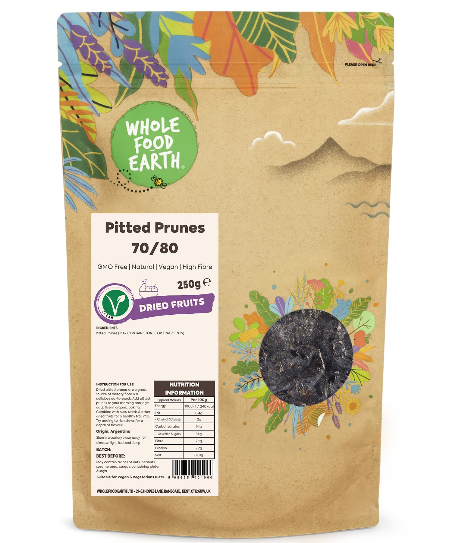 Wholefood Earth Pitted Prunes 70/80 - 250g | GMO Free | Natural | High Fibre 1