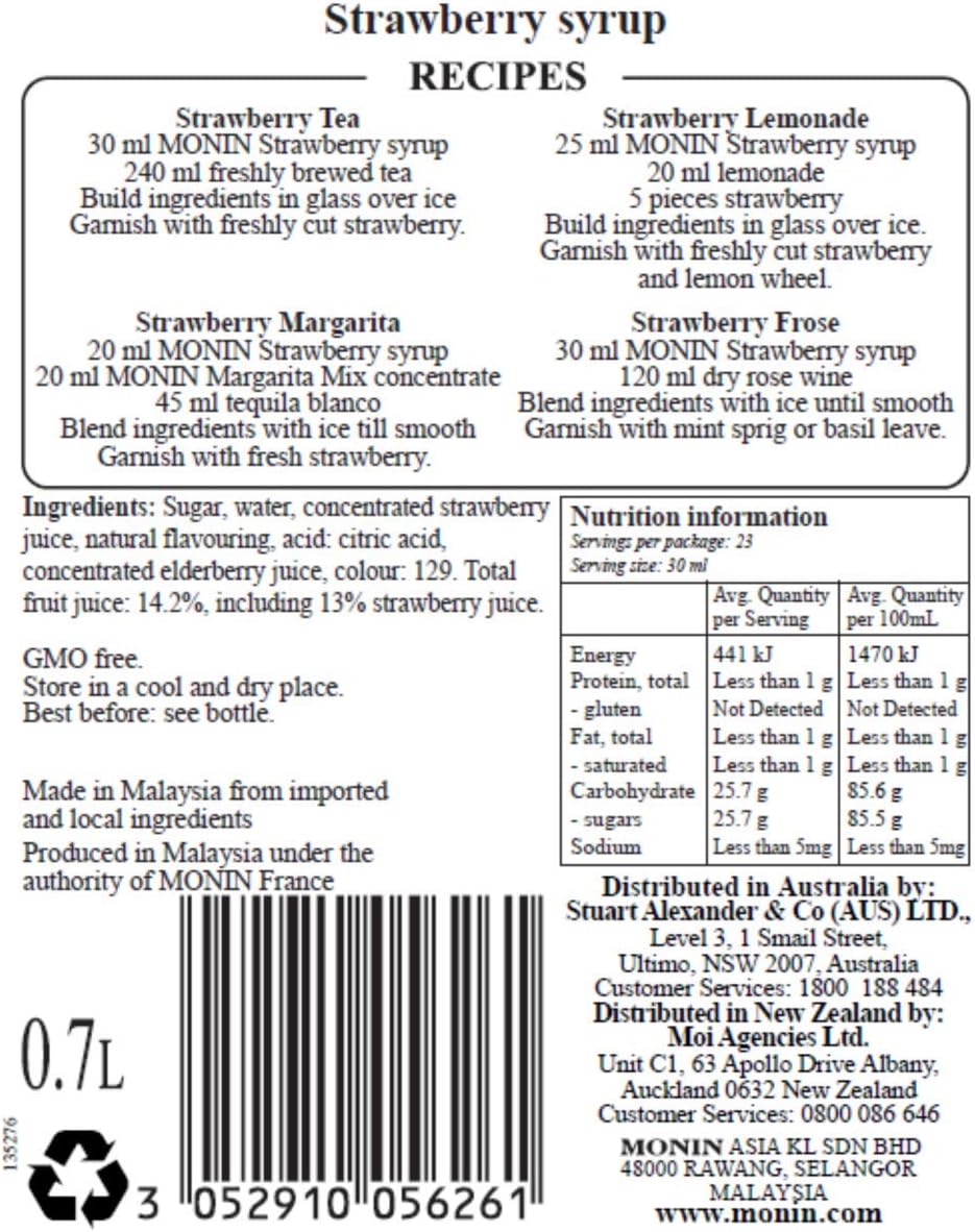 Monin Strawberry Syrup 700 ml - Premium Fruit Syrup for Beverages