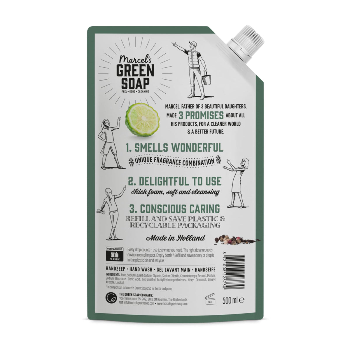 Marcel's Green Soap Hand Wash Refill - Black Pepper & Bergamot Scent - 500 ml