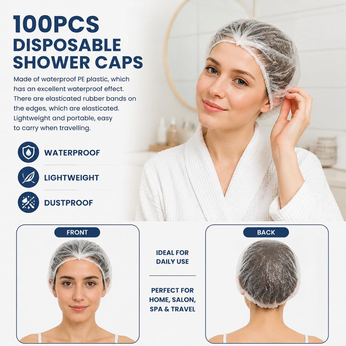 Admygo Shower Caps - 100 Pack Waterproof Disposable Bath Caps | 42CM Elastic | Clear Plastic 3
