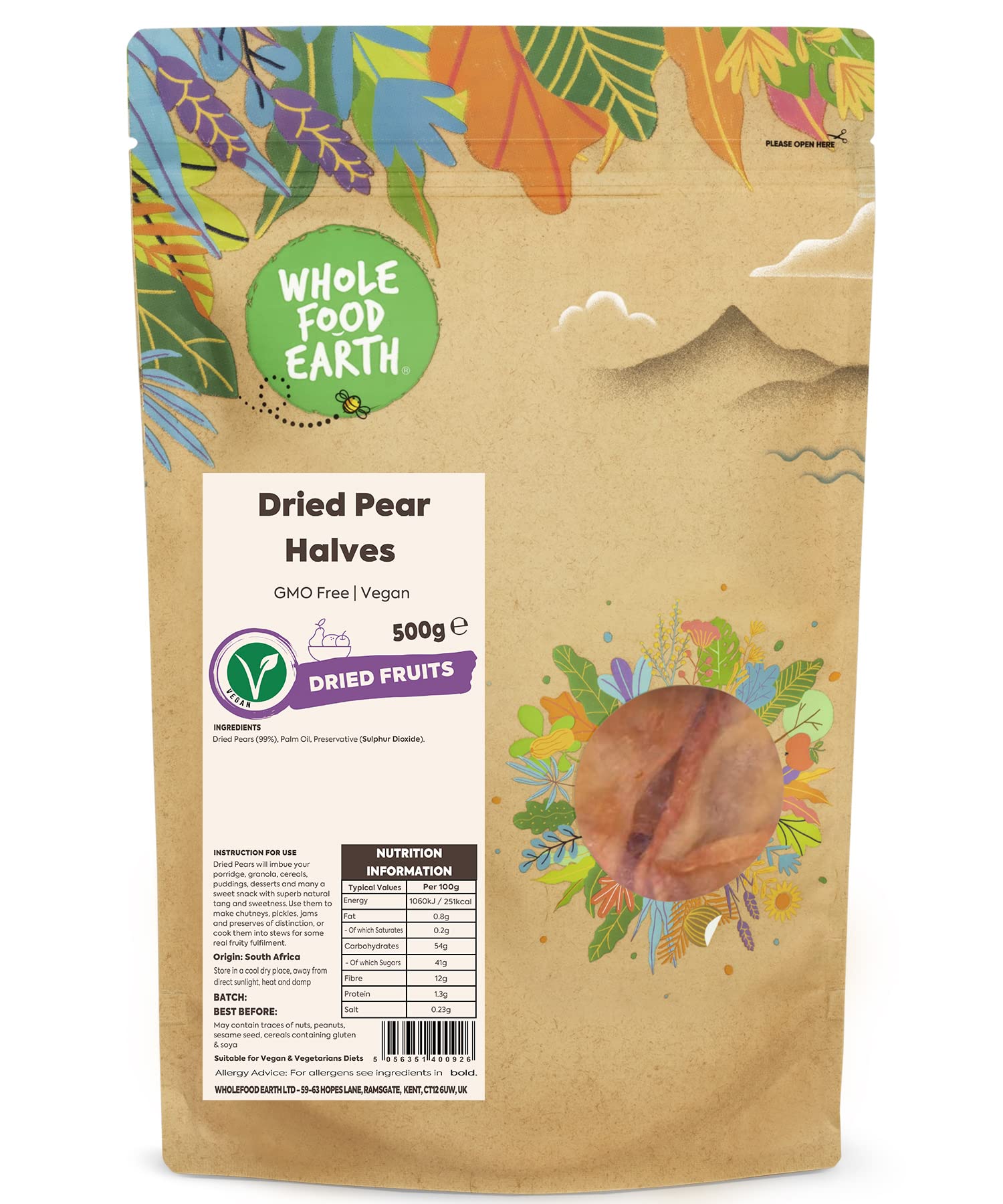 Wholefood Earth Dried Pear Halves - 500g | GMO Free, Vegan, Energy Boost 1