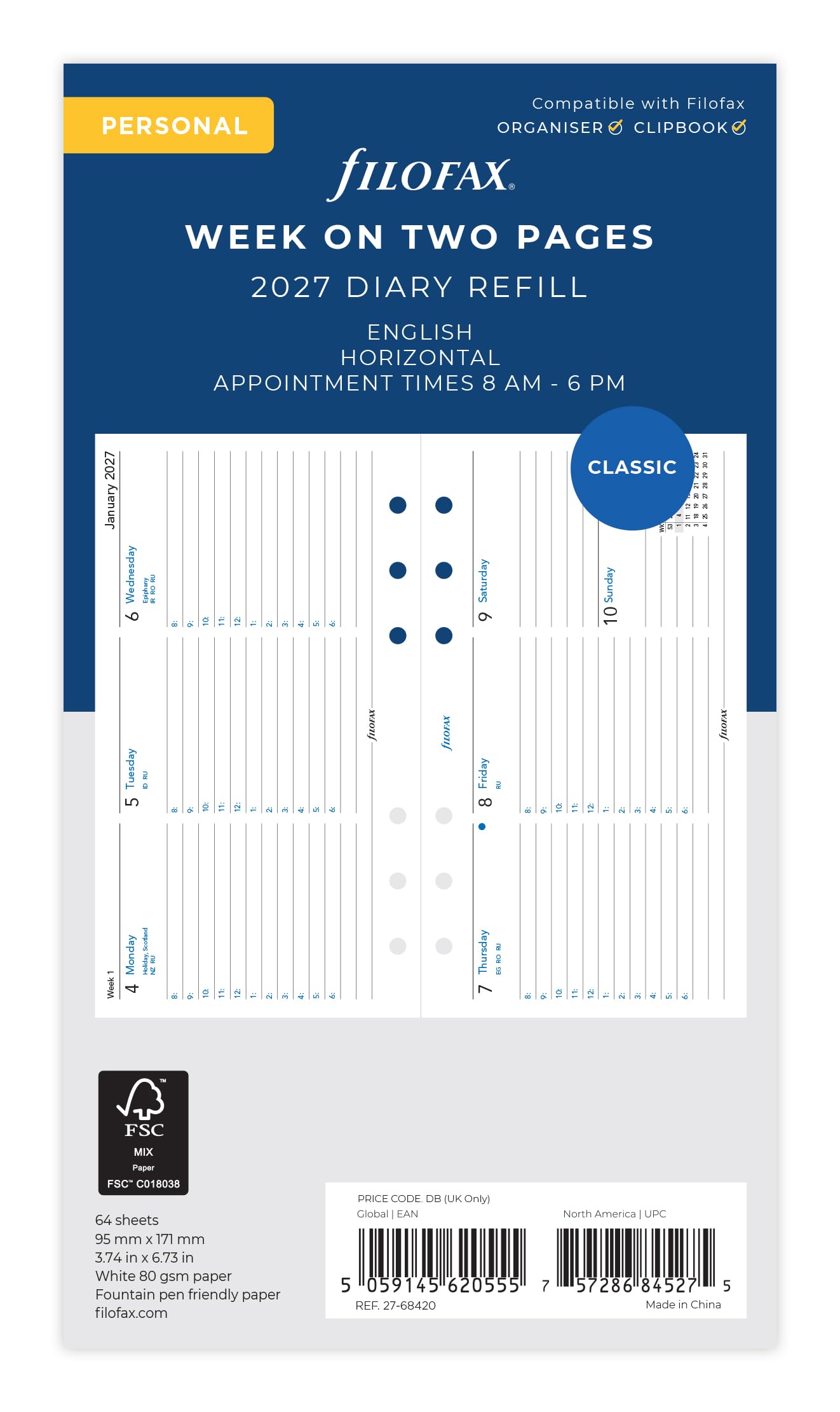 Filofax Personal 2027 Diary Refill - Week on Two Pages Horizontal | 95mm x 171mm 1