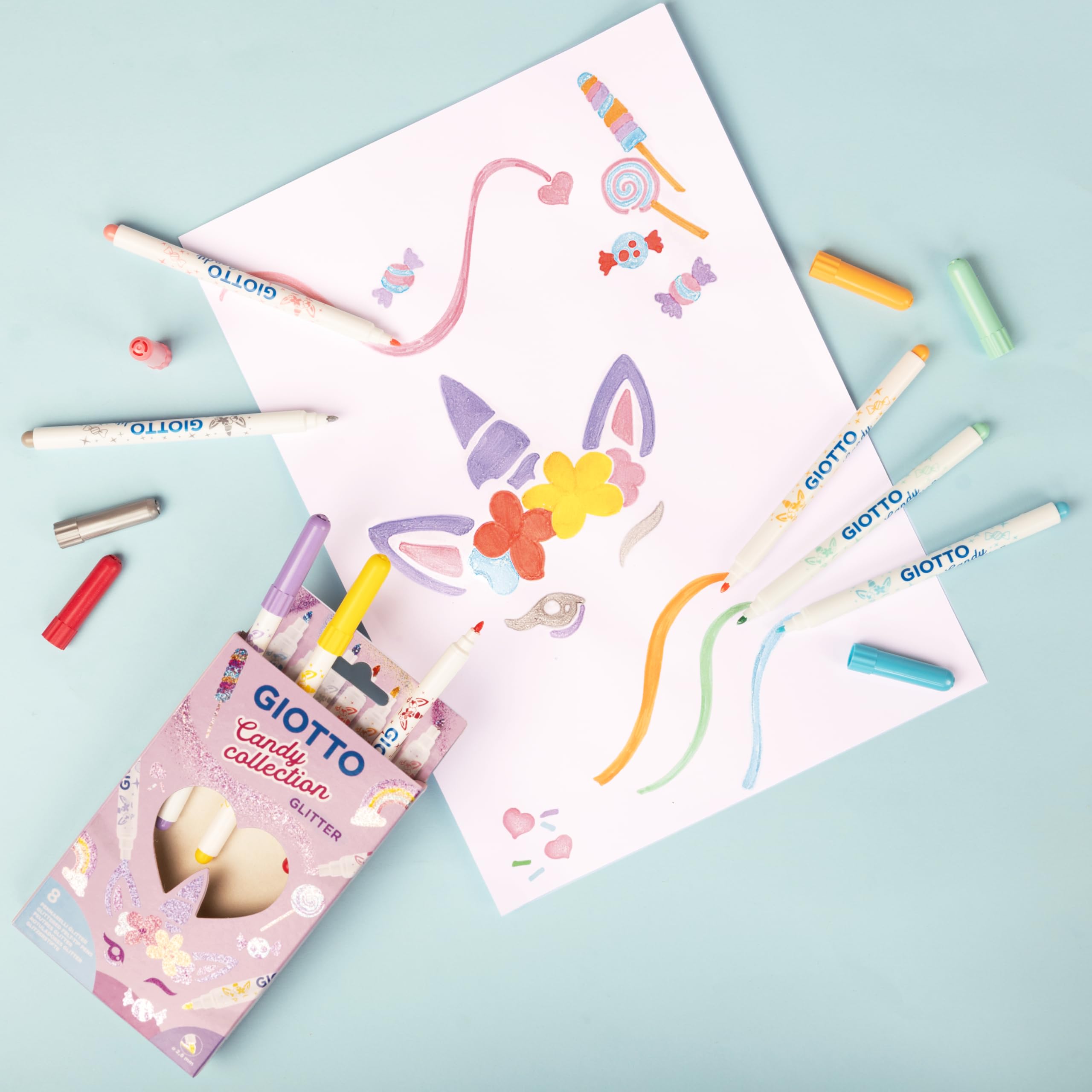 GIOTTO Turbo Glitter Felt Tip Pens - 8 Assorted Pastel Colours | Fine Anti-Retraction Tip 5