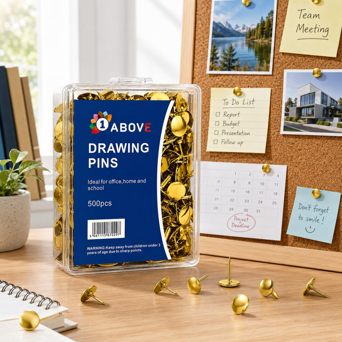 1ABOVE Gold Drawing Pins - 500 Pack | Metal Push Pins for Notice Boards
