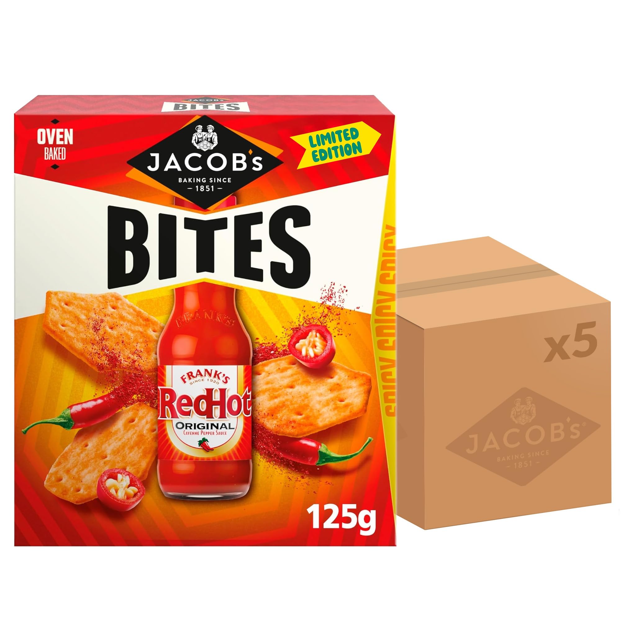 Jacob's Bites Franks RedHot Original Crackers, 125g (Pack of 5) 1