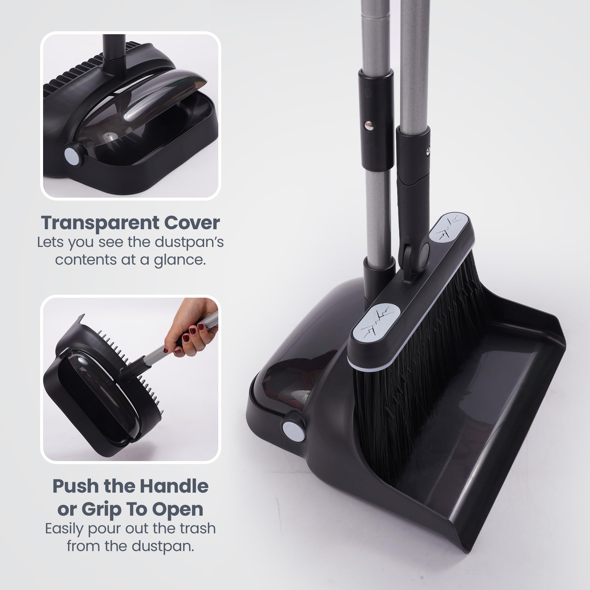 CUQOO Dustpan and Brush Set - Long Handled Upright Standing | Nylon Bristles | Black 5