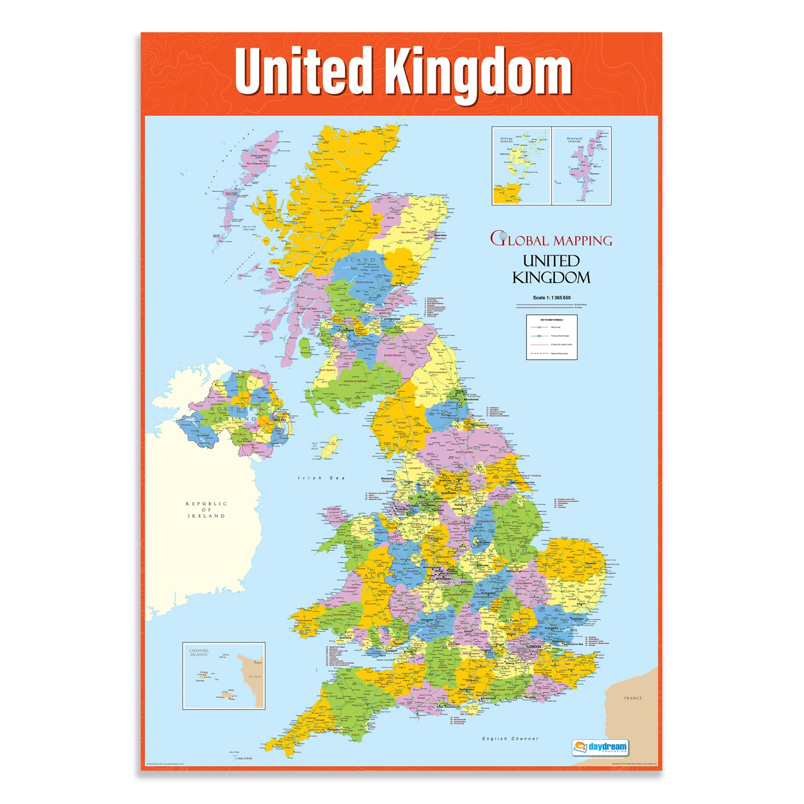 Daydream Education Political Map of the United Kingdom Poster | A1 Size (850mm x 594mm) | Gloss Paper