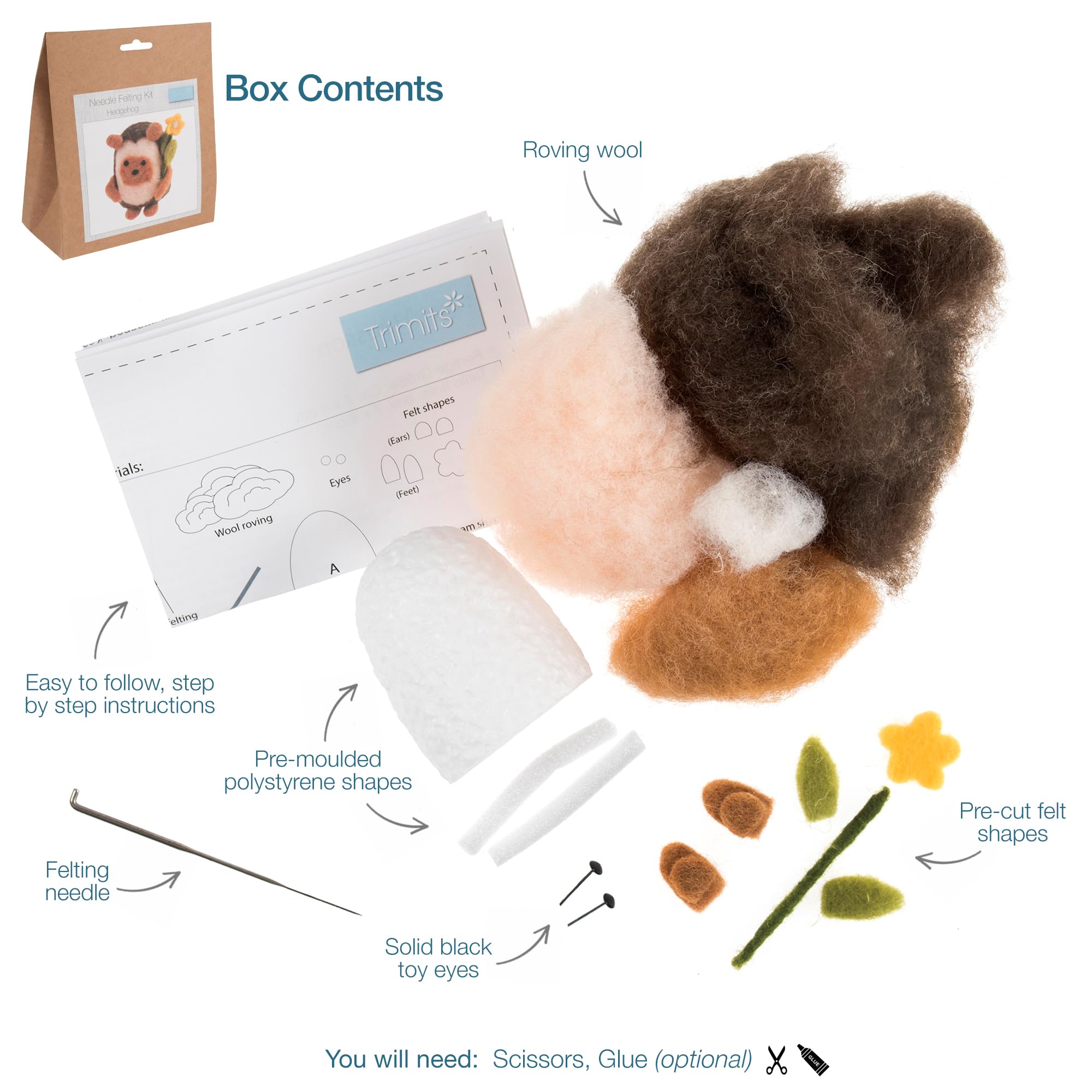 Trimits Needle Felting Craft Kit - Hedgehog | Beginner Friendly | Includes Wool & Tools 2