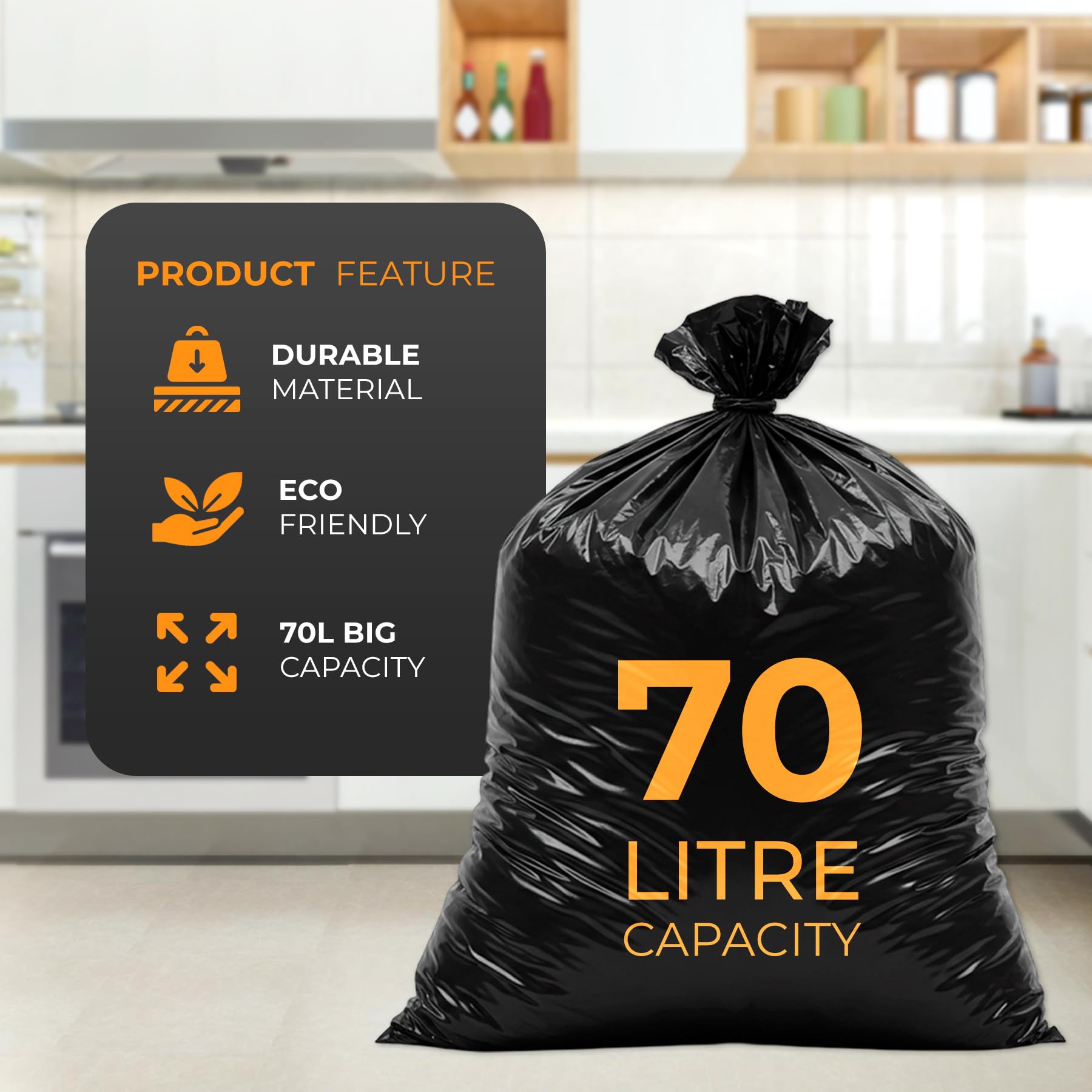 Roe Tenpo Heavy Duty Bin Liners - 50 Pack, 70L Capacity, 30 Micron Thick Plastic 3