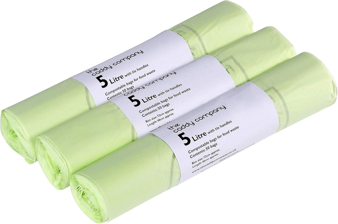 All-Green 5 Litre Tie Handle Compostable Kitchen Caddy Liners - 150 Bags (3 Rolls of 50)