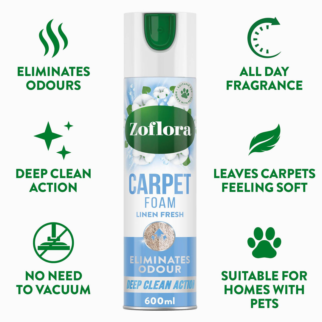 Zoflora Linen Fresh Carpet Freshener & Care Foam, 600ml - Carpet Cleaner with Deep Clean Action & Odor Elimination