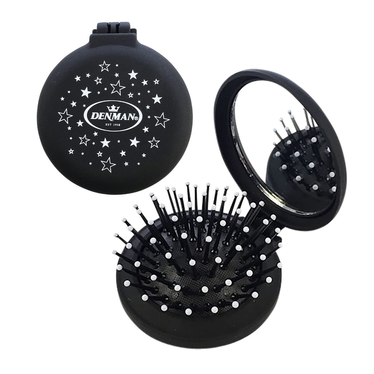 Denman Compact Popper Hairbrush - Travel-Friendly | Black Soft Touch Finish | Pink Star Motif