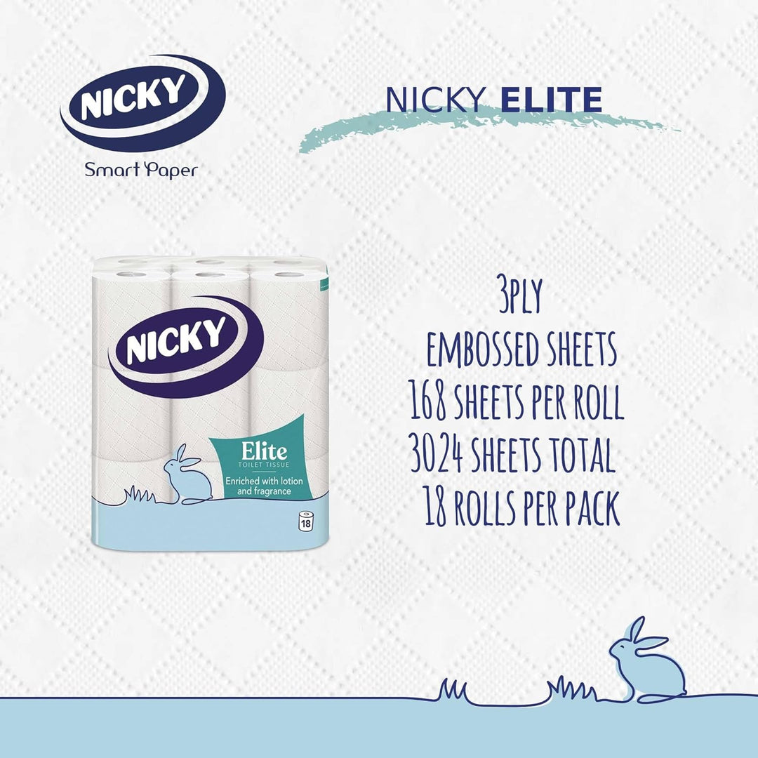 Nicky Elite Scented Toilet Tissue - 18 Rolls, 3-Ply Talc Fragrance, FSC-Certified