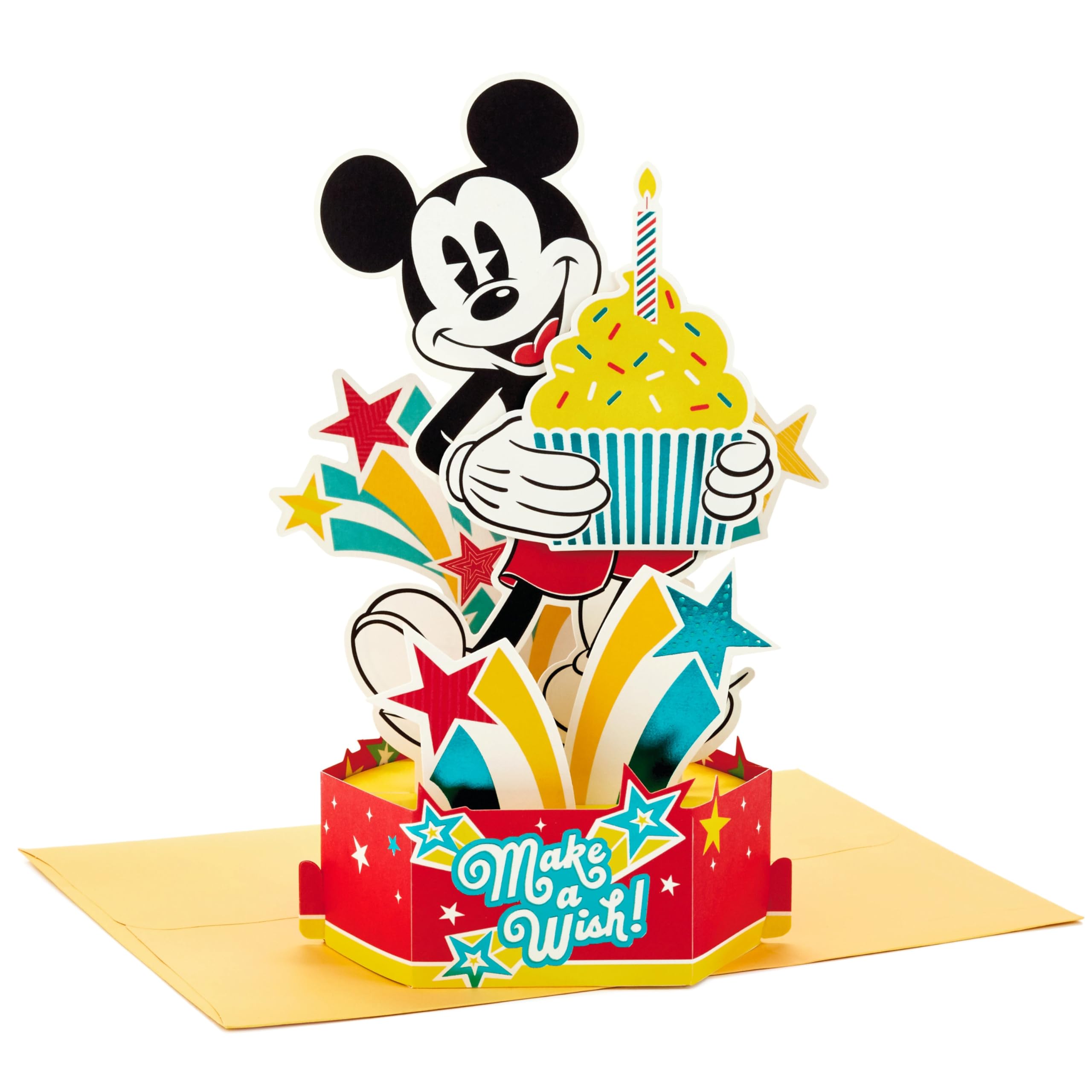 Hallmark Disney Mickey Mouse 3D Pop-Up Birthday Card with Cupcakes & Stars | H17.3cm x W11.9cm 3